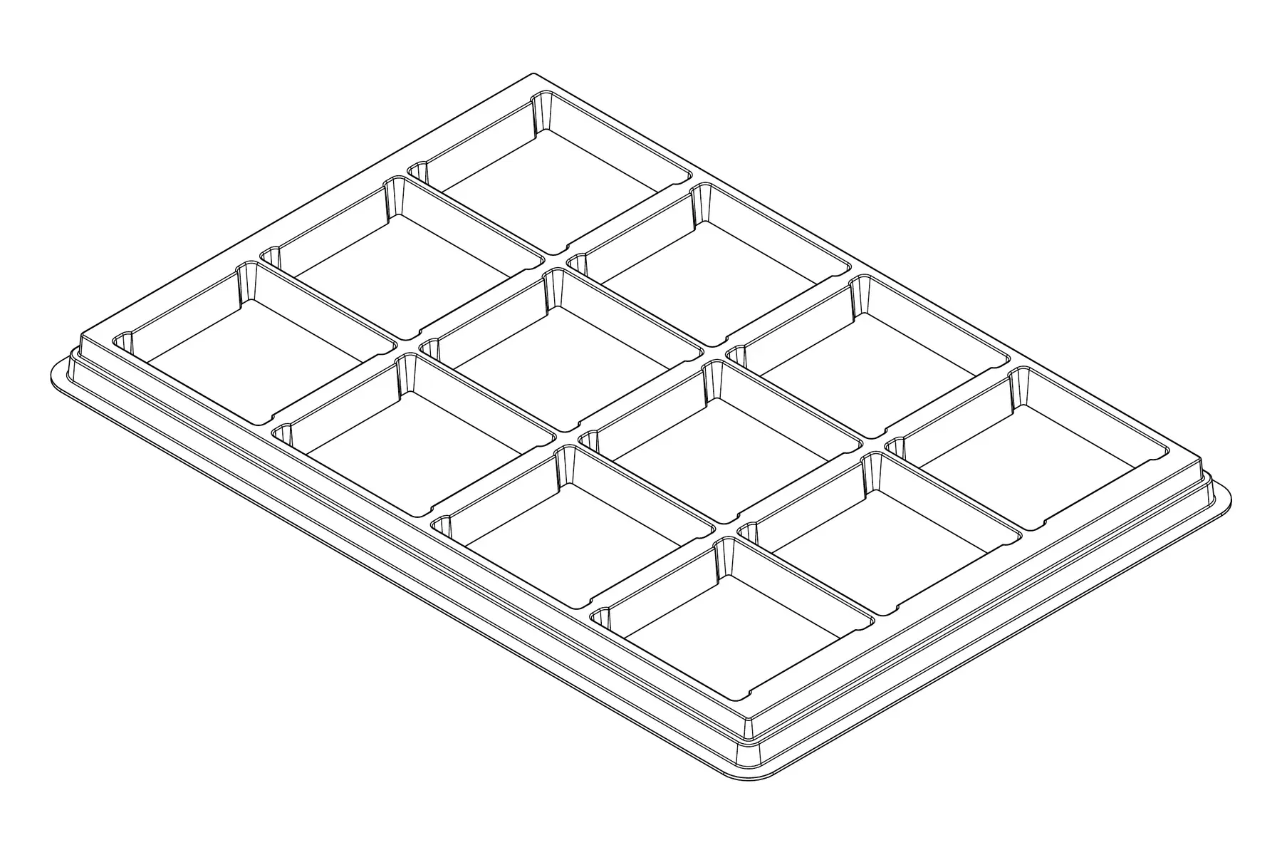 Isometric line drawing of the MC-77112 thermoformed tray showing its 12 cavity positions and formed pocket details.