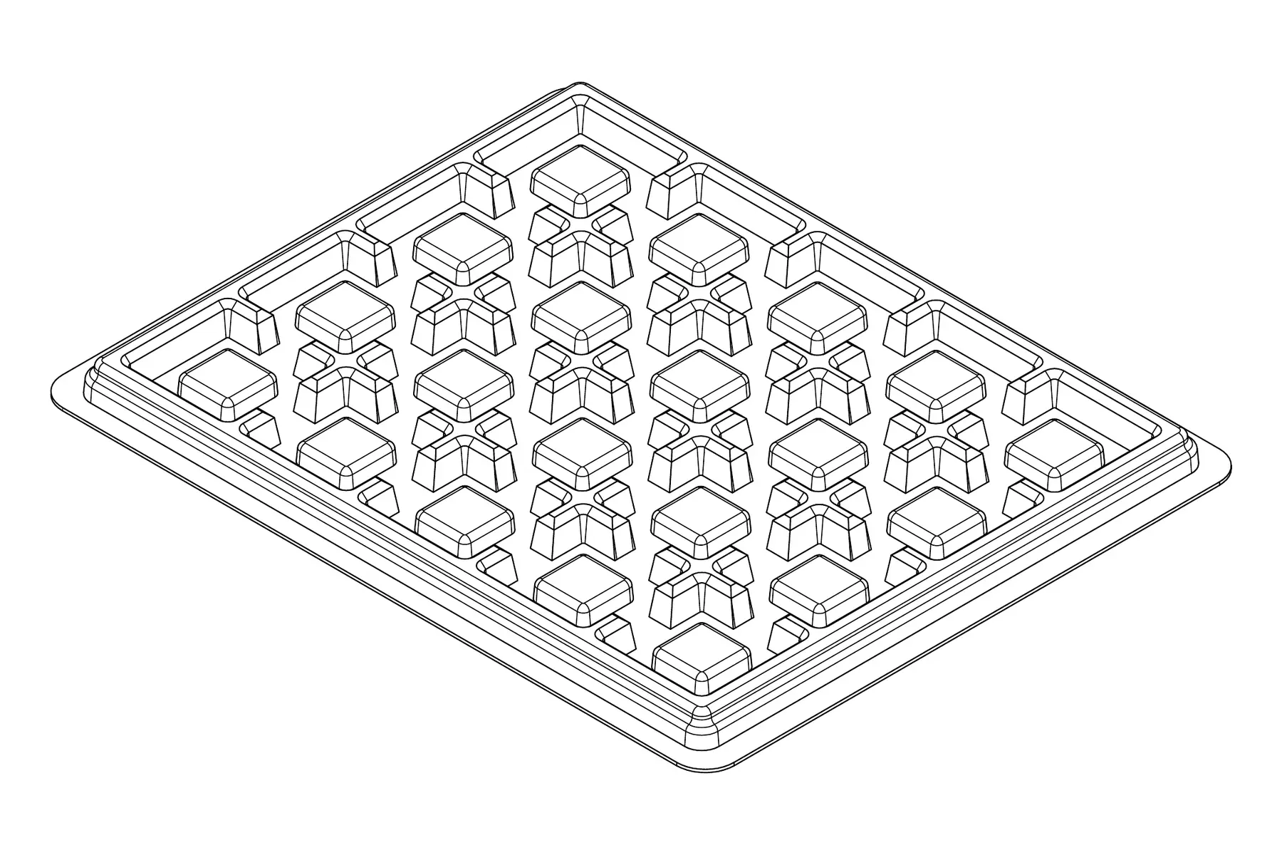 Isometric line drawing of the MC-77114 thermoformed tray showing its 20 cavity positions and formed pocket details.
