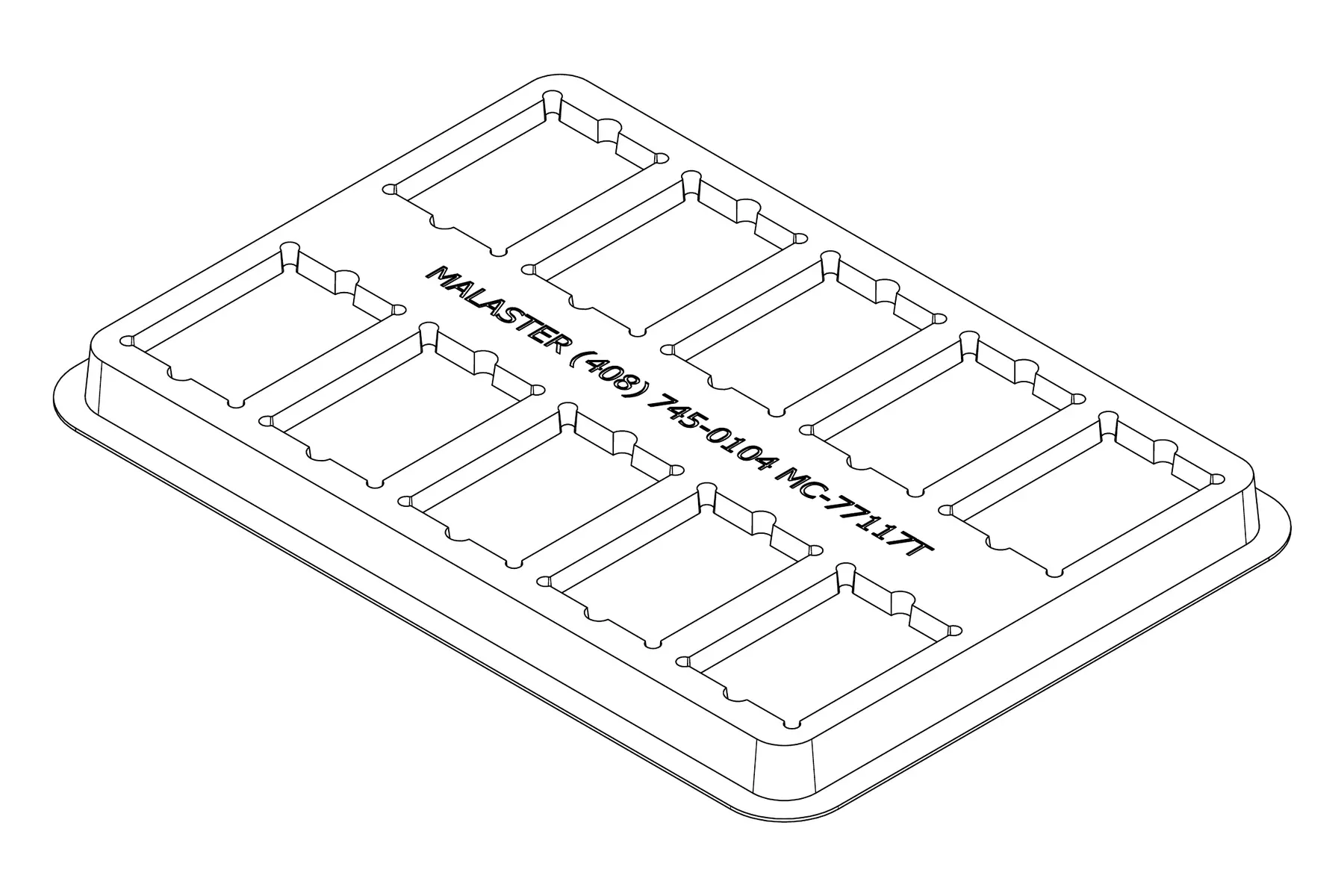 Isometric line drawing of the MC-77117 thermoformed tray showing its 10 cavity positions and formed pocket details.