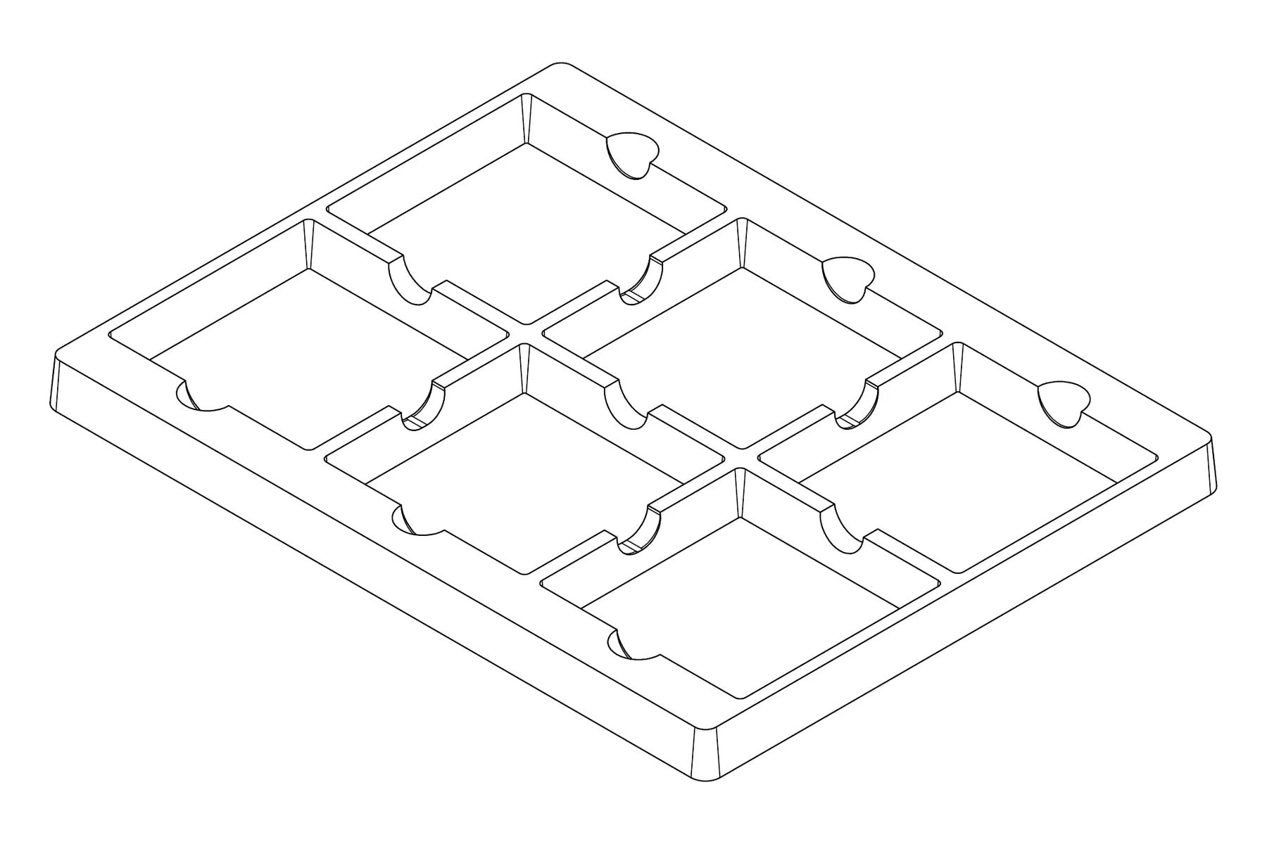 Isometric line drawing of the MC-77119 thermoformed tray showing its 6 cavity positions and formed pocket details.