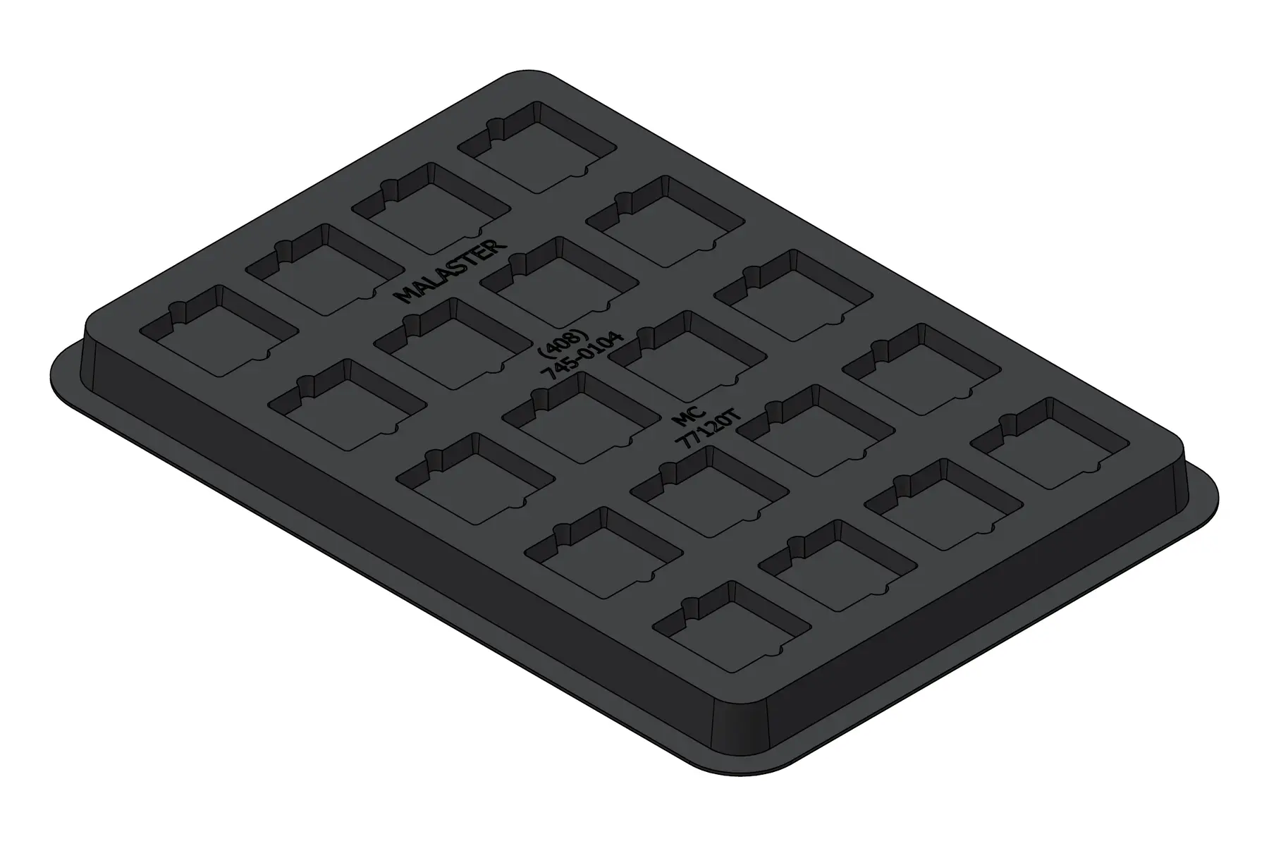 Black rendering of the MC-77120 thermoformed tray showing 20 individual cavities.