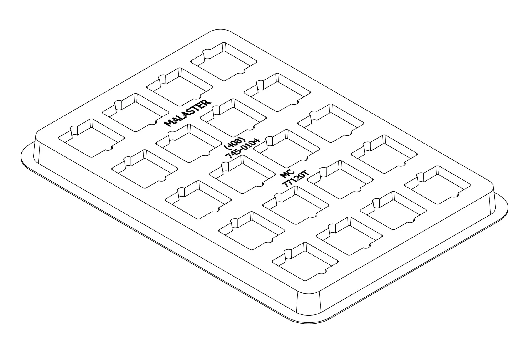 Isometric line drawing of the MC-77120 thermoformed tray showing its 20 cavity positions and formed pocket details.