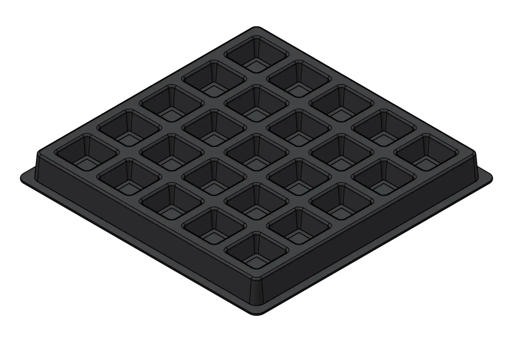 Black rendering of the MC-77121 thermoformed tray showing 25 individual cavities.