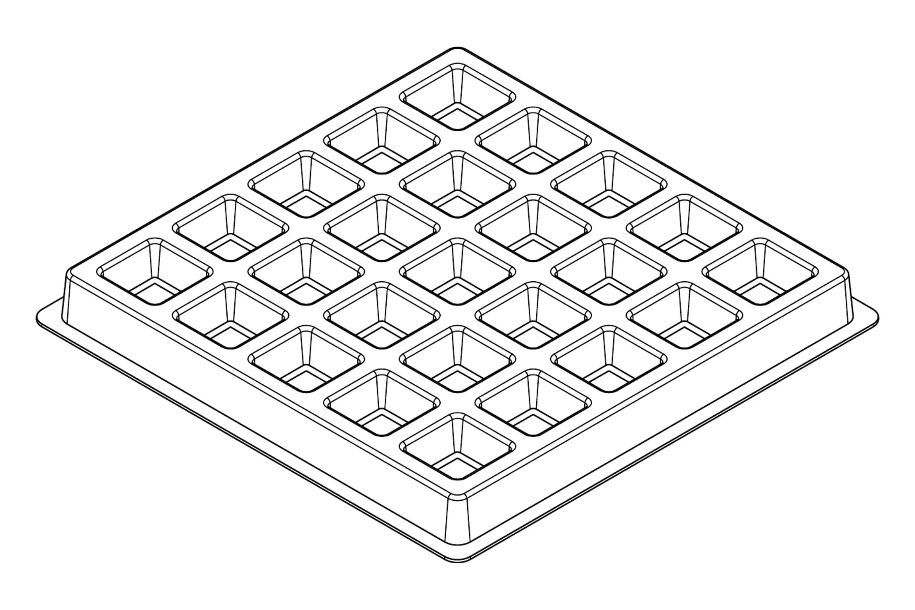Isometric line drawing of the MC-77121 thermoformed tray showing its 25 cavity positions and formed pocket details.