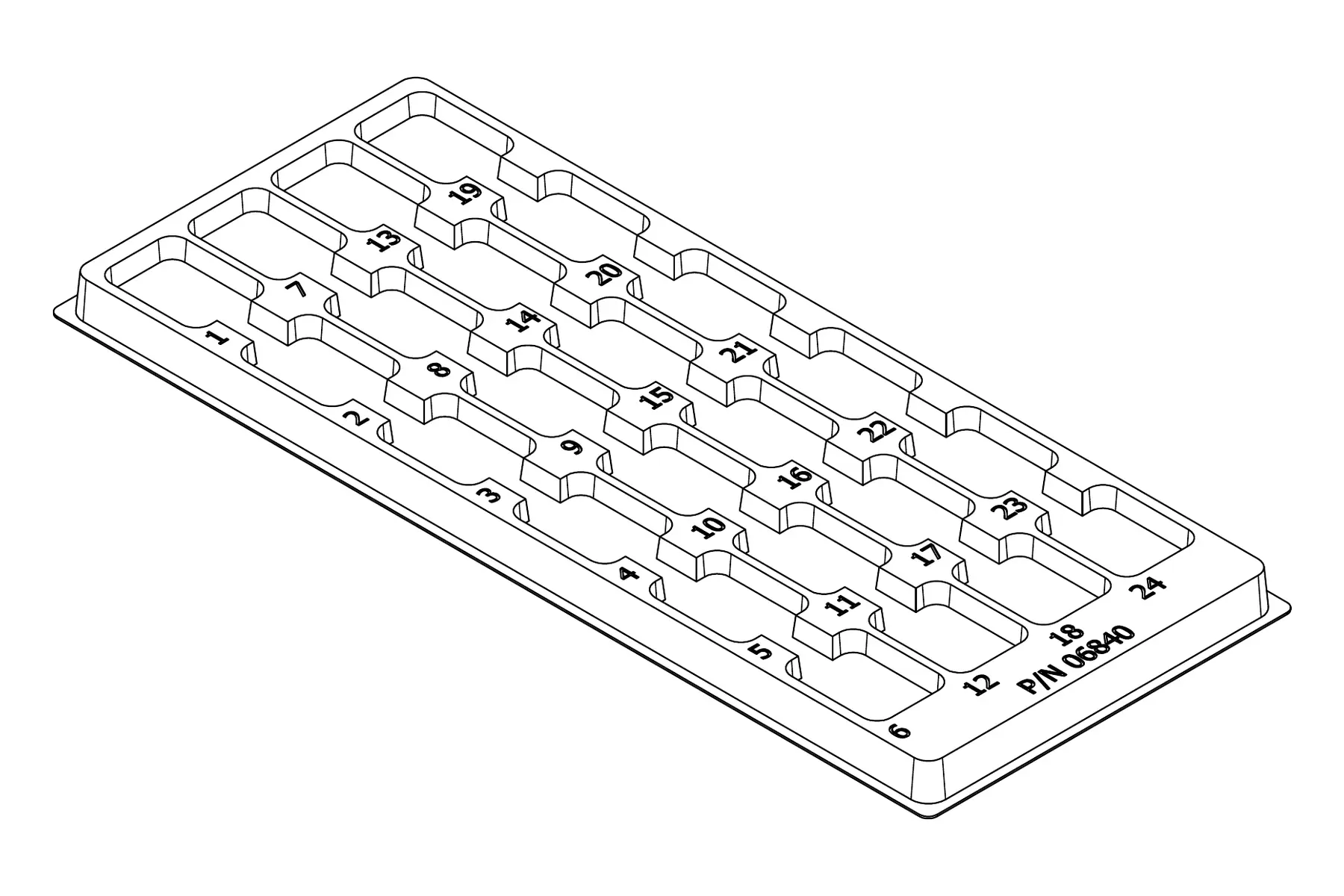 Isometric line drawing of the MC-77122 thermoformed tray showing its 24 cavity positions and formed pocket details.