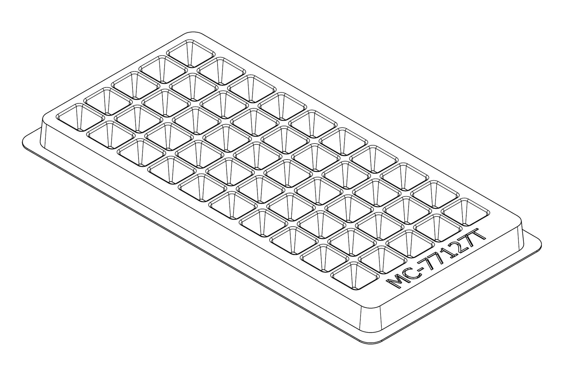 Isometric line drawing of the MC-77127 thermoformed tray showing its 50 cavity positions and formed pocket details.