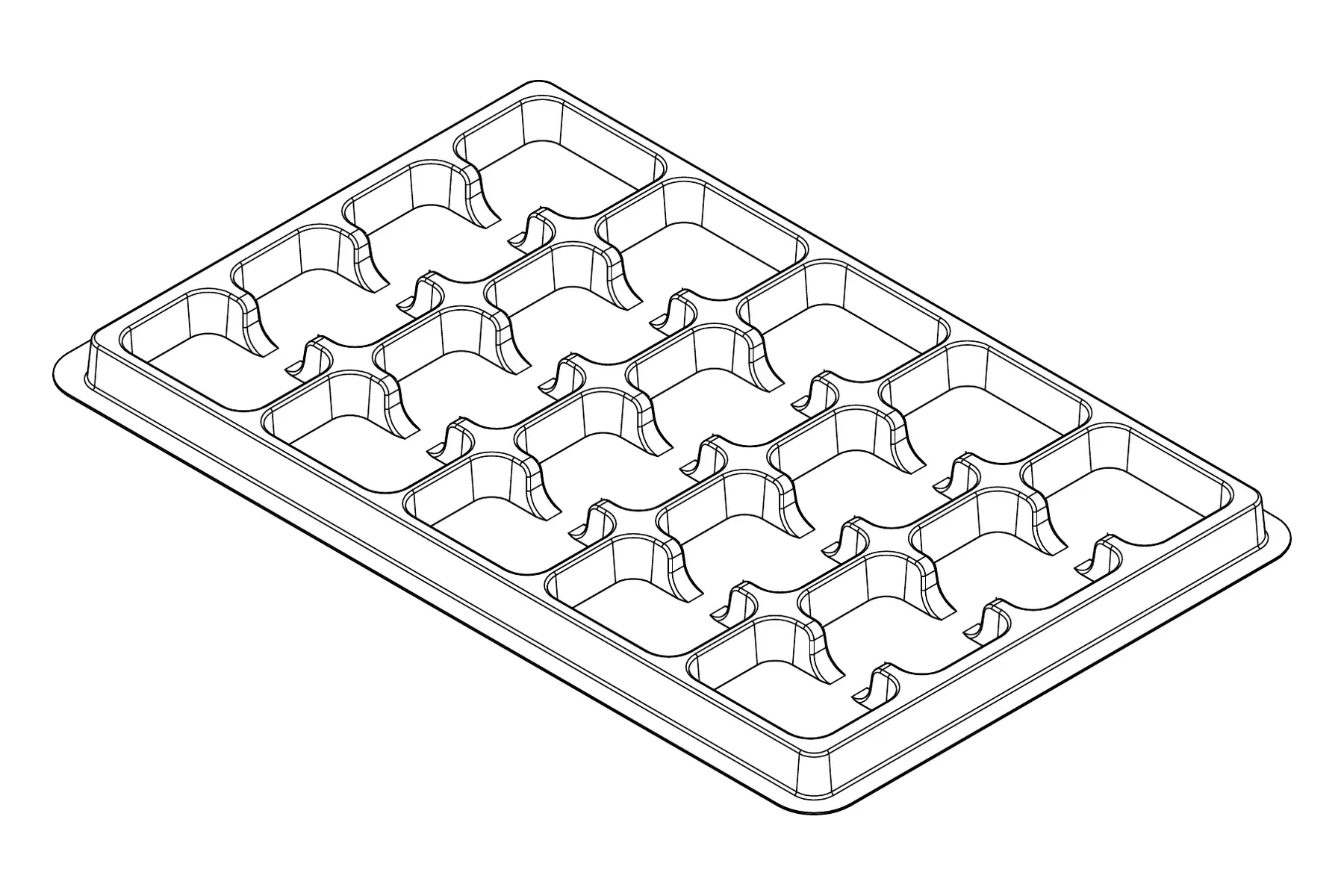 Isometric line drawing of the MC-77128 thermoformed tray showing its 20 cavity positions and formed pocket details.