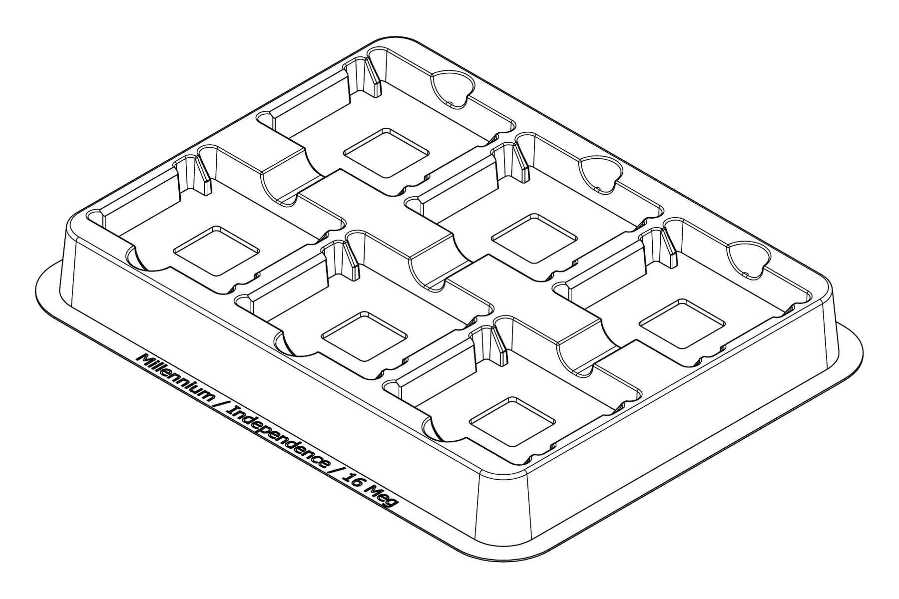Isometric line drawing of the MC-77130 thermoformed tray showing its 6 cavity positions and formed pocket details.