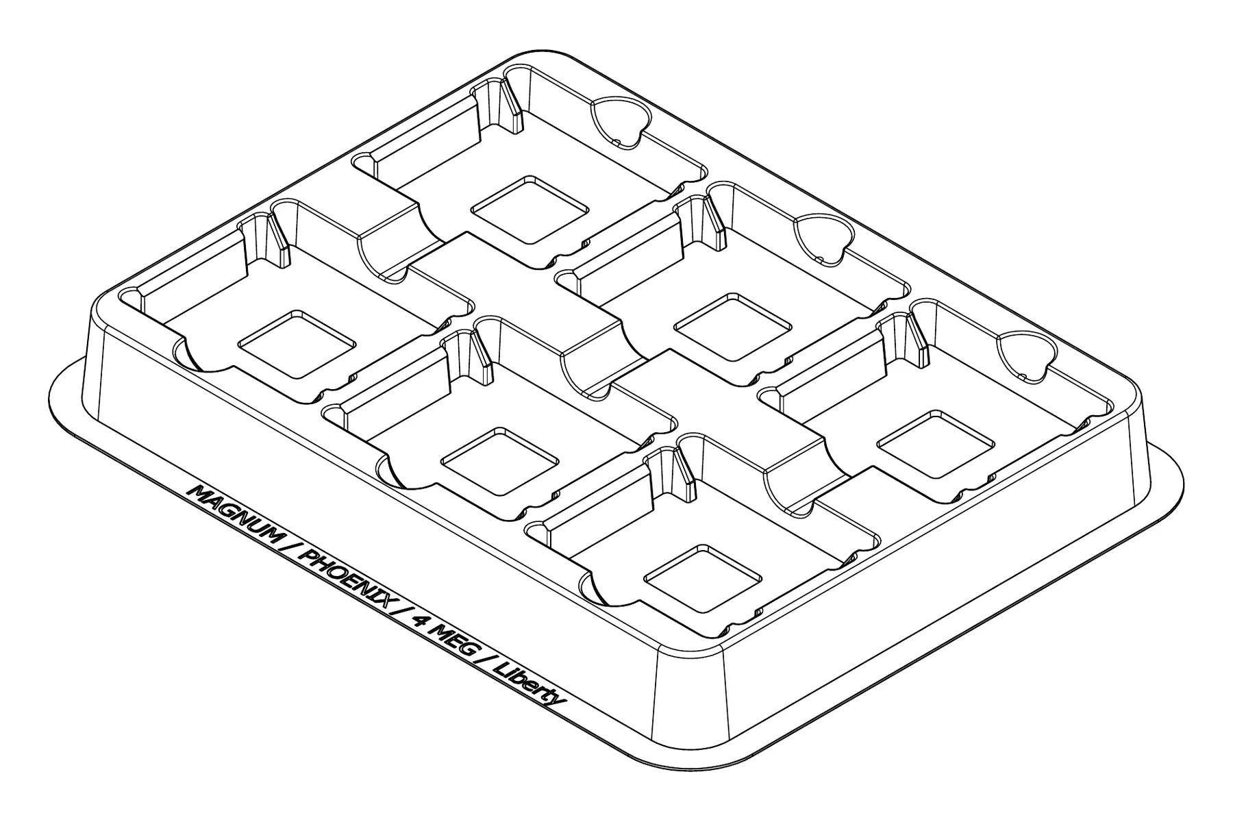 Isometric line drawing of the MC-77131 thermoformed tray showing its 6 cavity positions and formed pocket details.
