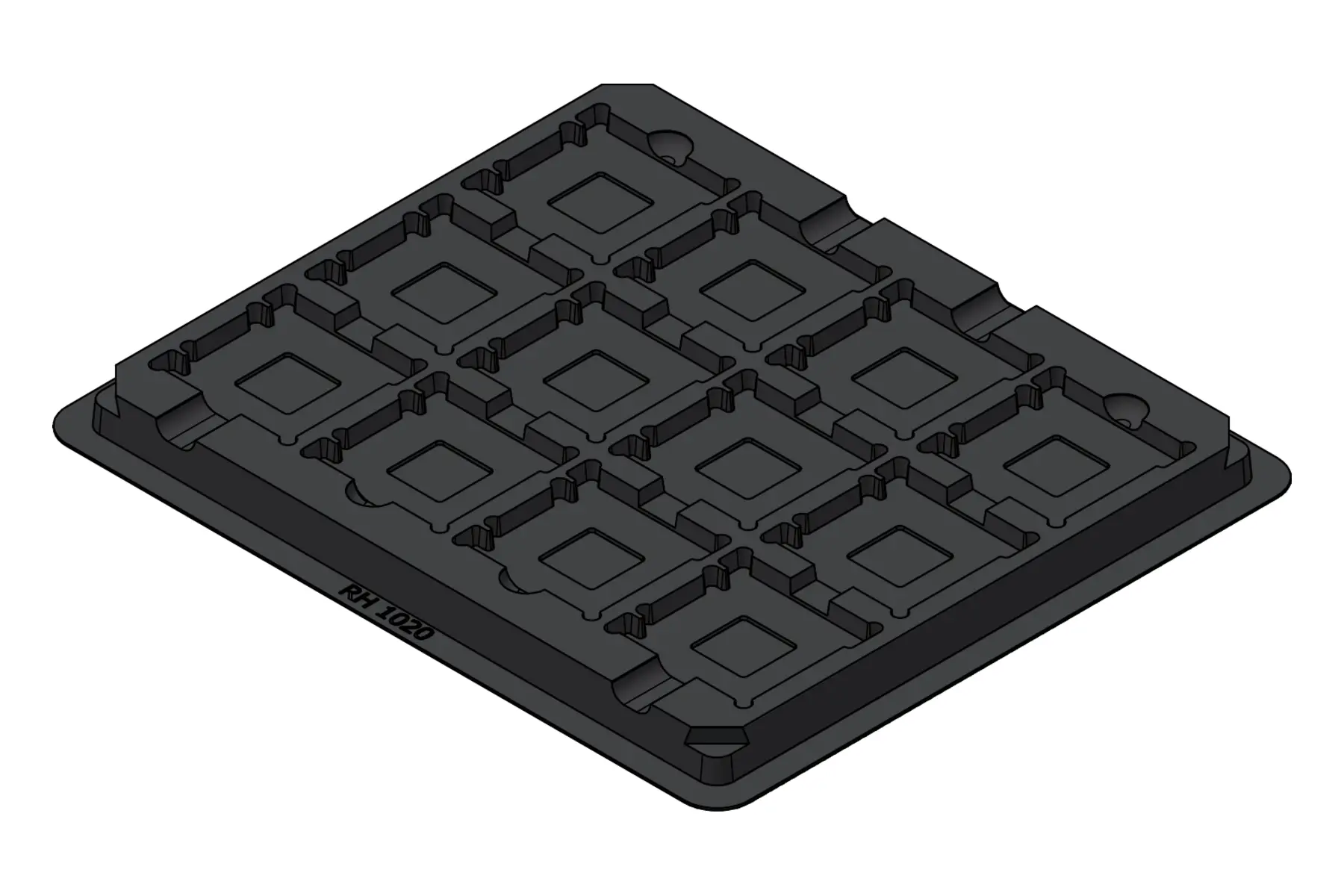 Black rendering of the MC-77132 thermoformed tray showing 12 individual cavities.