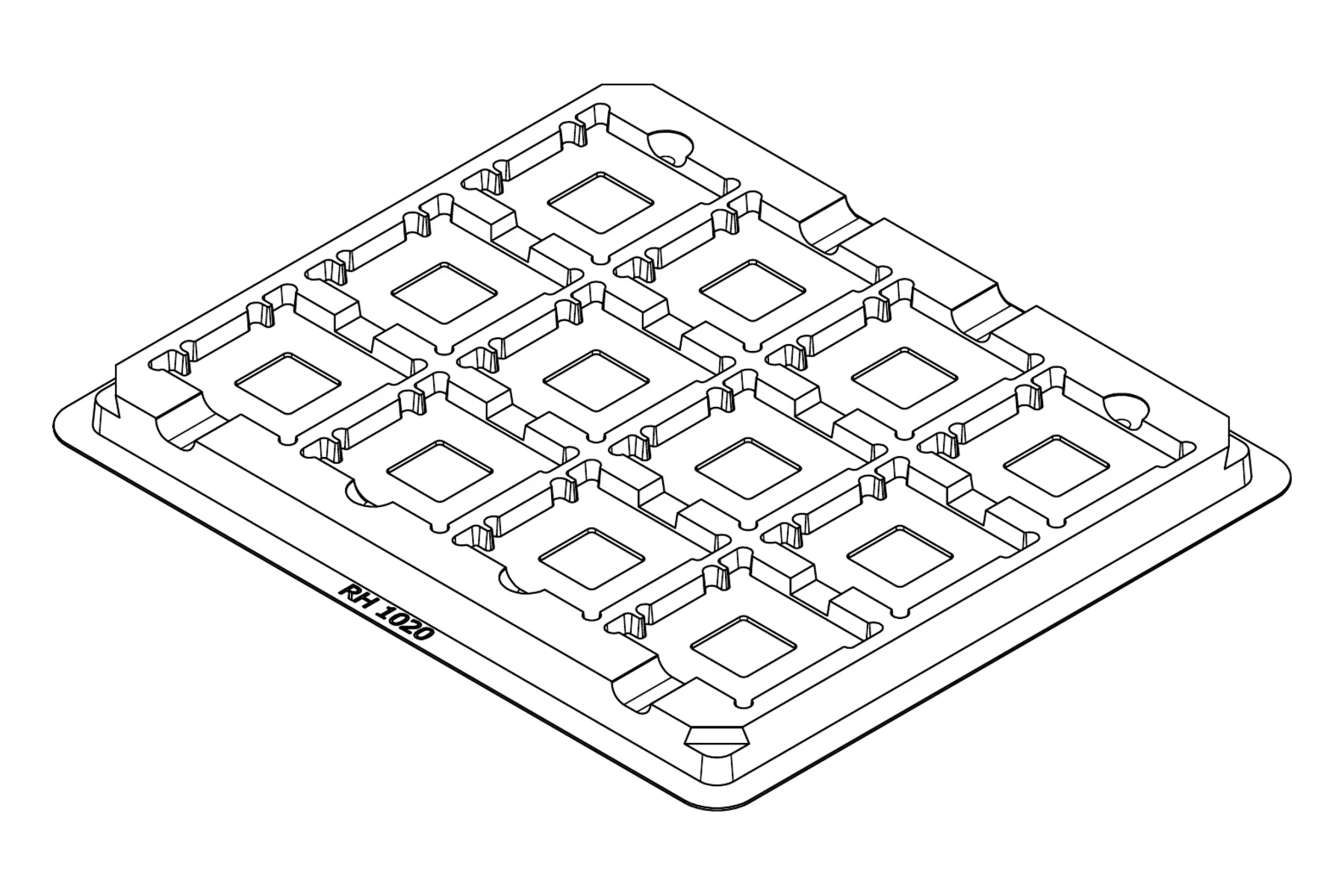 Isometric line drawing of the MC-77132 thermoformed tray showing its 12 cavity positions and formed pocket details.