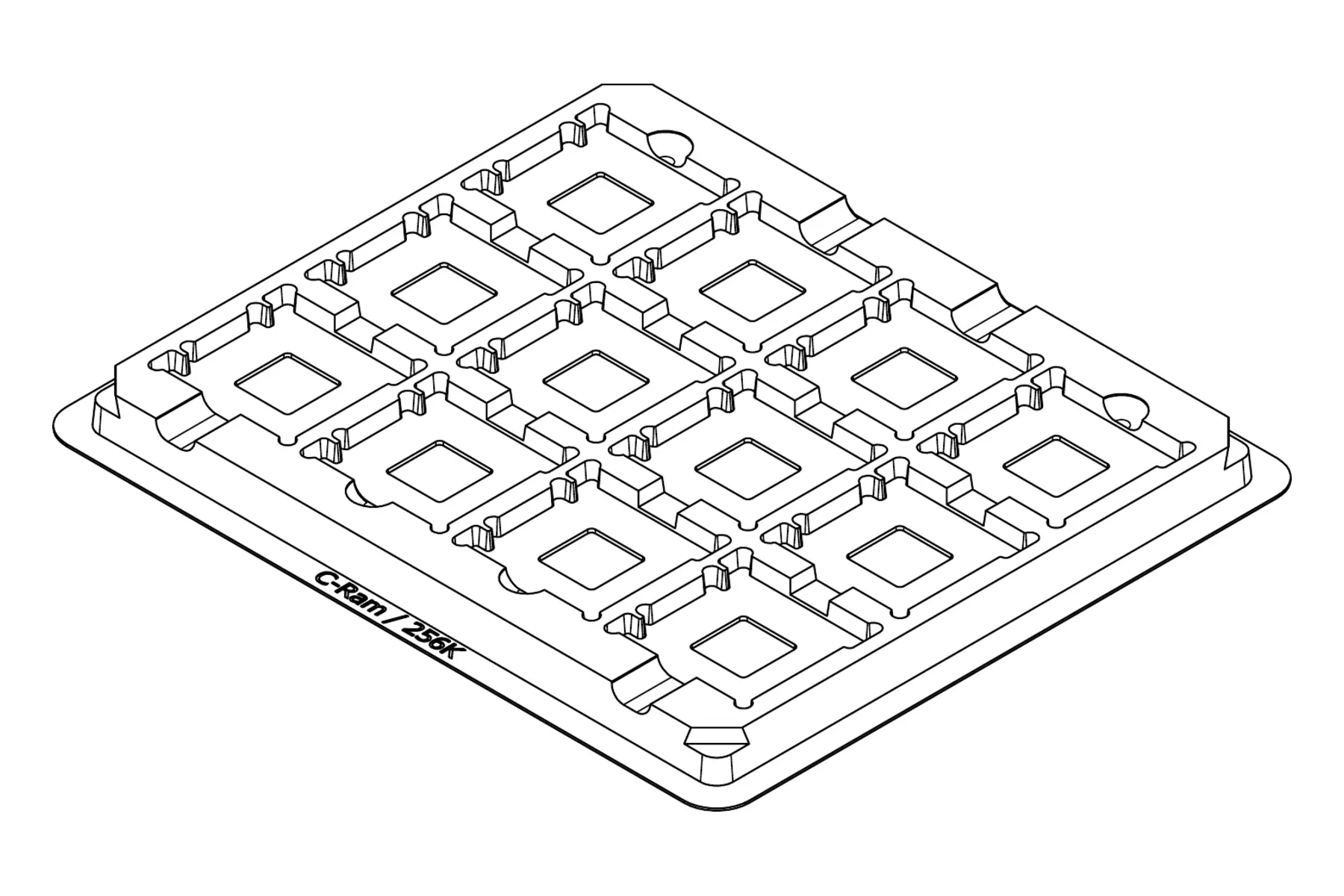 Isometric line drawing of the MC-77133 thermoformed tray showing its 12 cavity positions and formed pocket details.