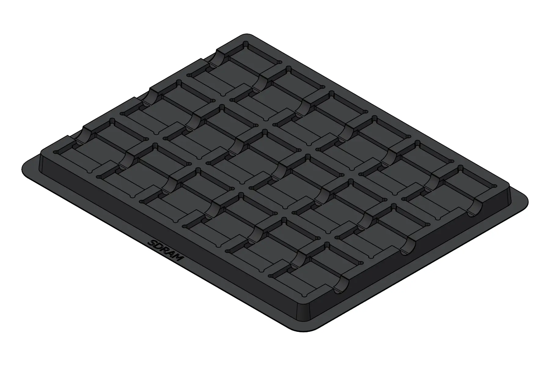 Black rendering of the MC-77134 thermoformed tray showing 18 individual cavities.