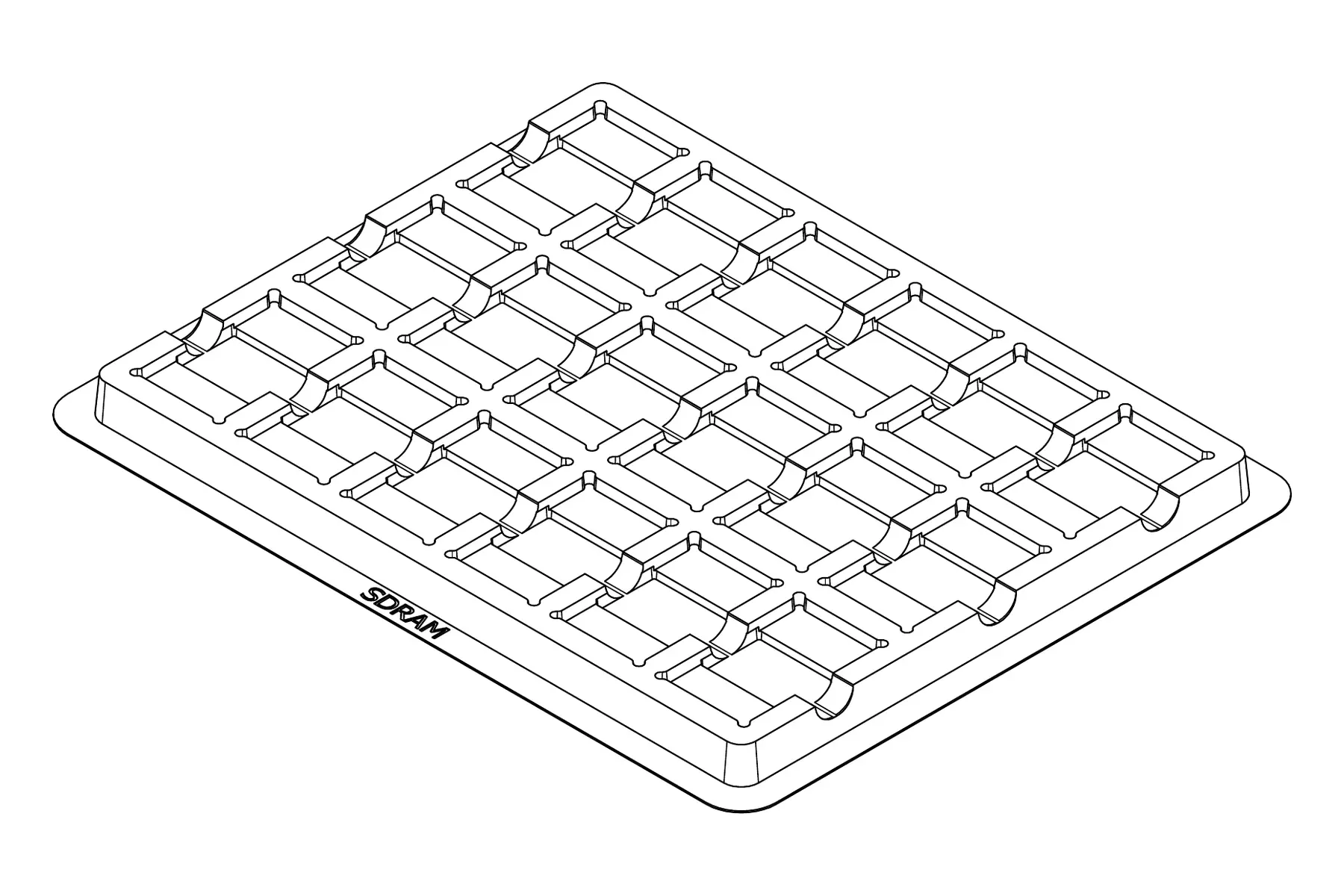 Isometric line drawing of the MC-77134 thermoformed tray showing its 18 cavity positions and formed pocket details.