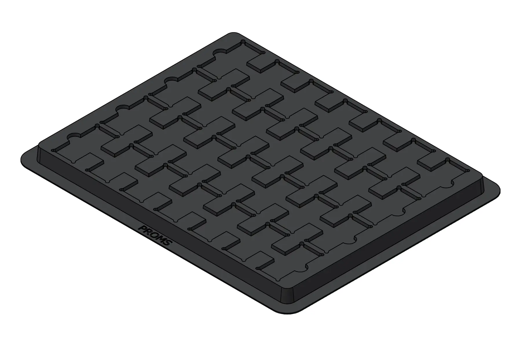 Black rendering of the MC-77135 thermoformed tray showing 28 individual cavities.
