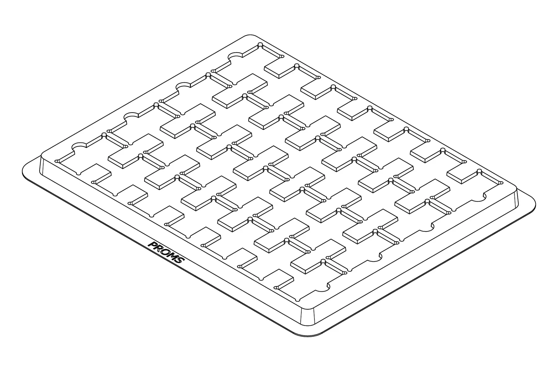 Isometric line drawing of the MC-77135 thermoformed tray showing its 28 cavity positions and formed pocket details.