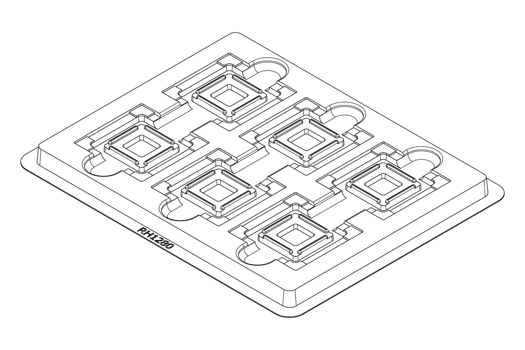 Isometric line drawing of the MC-77136 thermoformed tray showing its 6 cavity positions and formed pocket details.