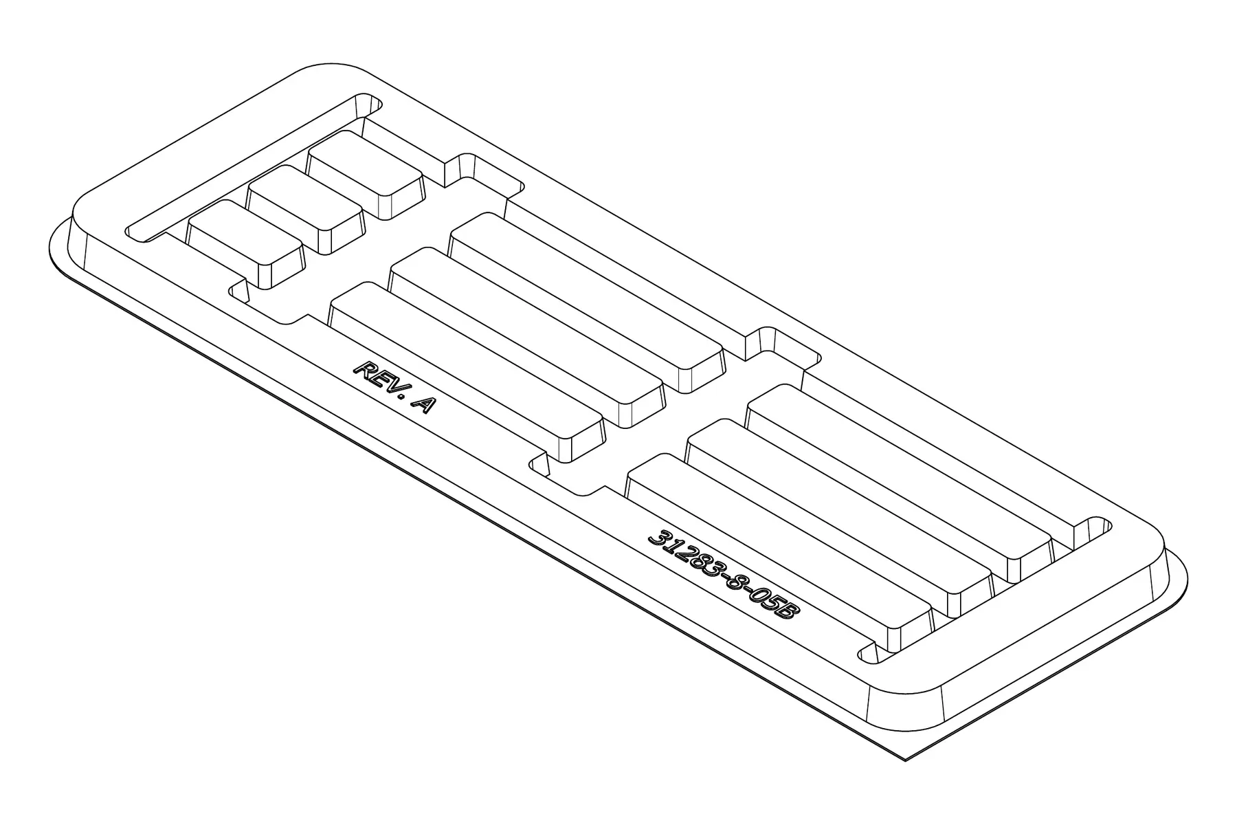 Isometric line drawing of the MC-77138 thermoformed tray showing its longitudinal channels, support and relief features.
