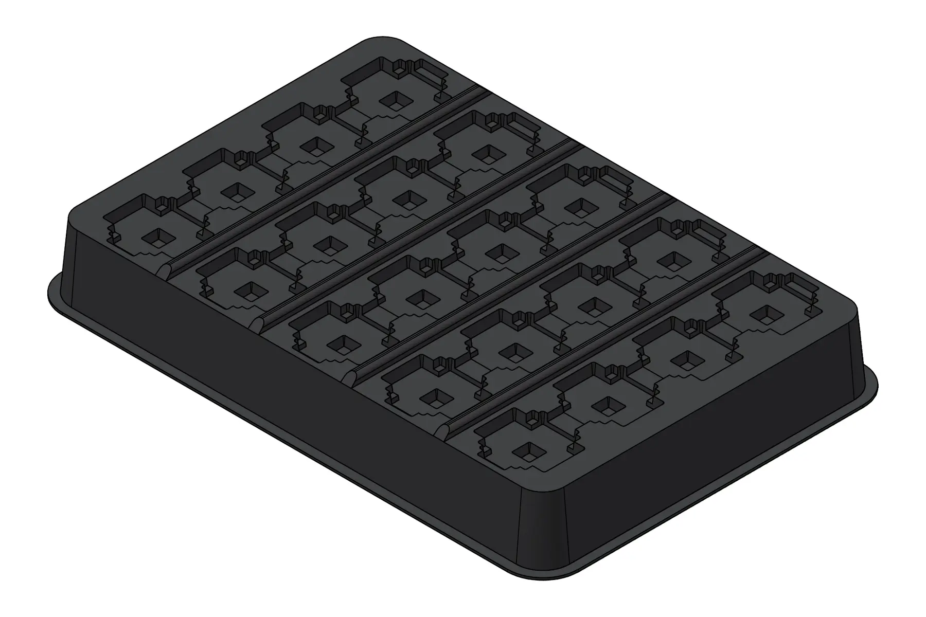Black rendering of the MC-77200 thermoformed tray showing 20 individual cavities.