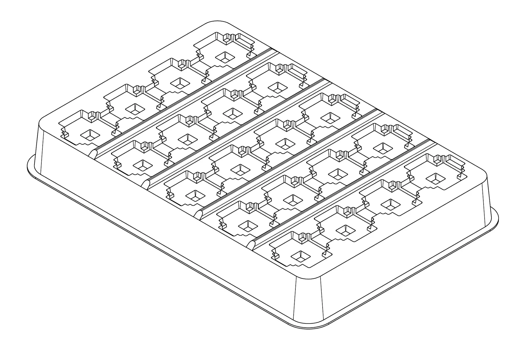 Isometric line drawing of the MC-77200 thermoformed tray showing its 20 cavity positions and formed pocket details.
