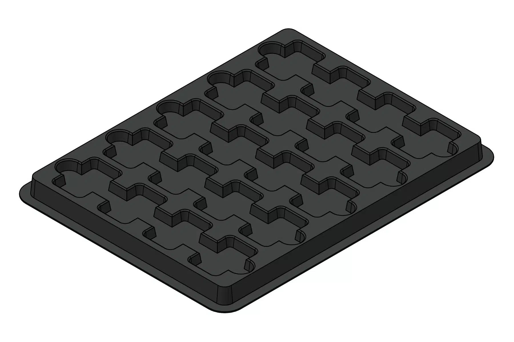 Black rendering of the MC-77201 thermoformed tray showing 20 formed device positions.