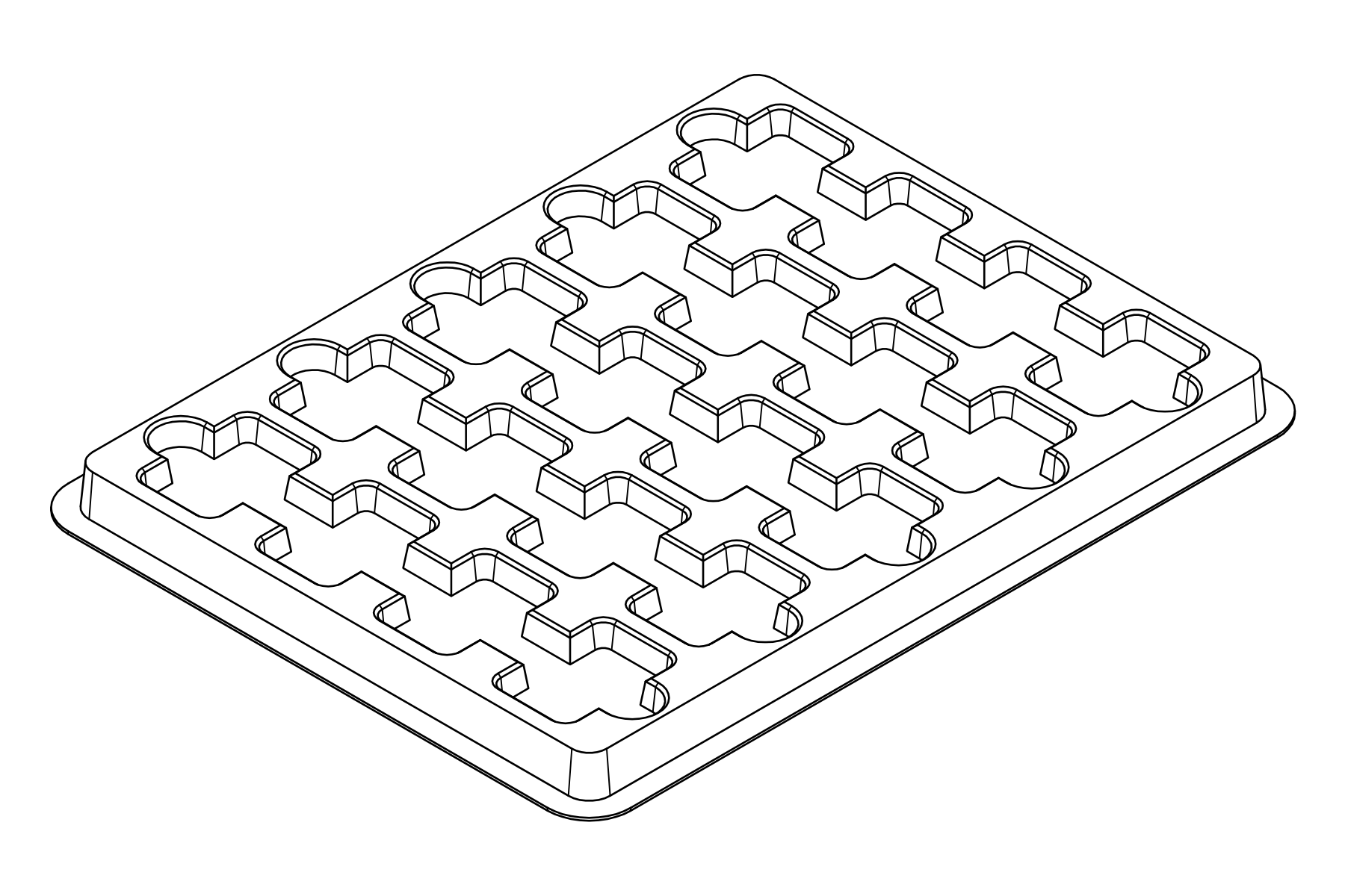 Isometric line view of the MC-77201 tray showing its 20 device positions and formed support and relief details.