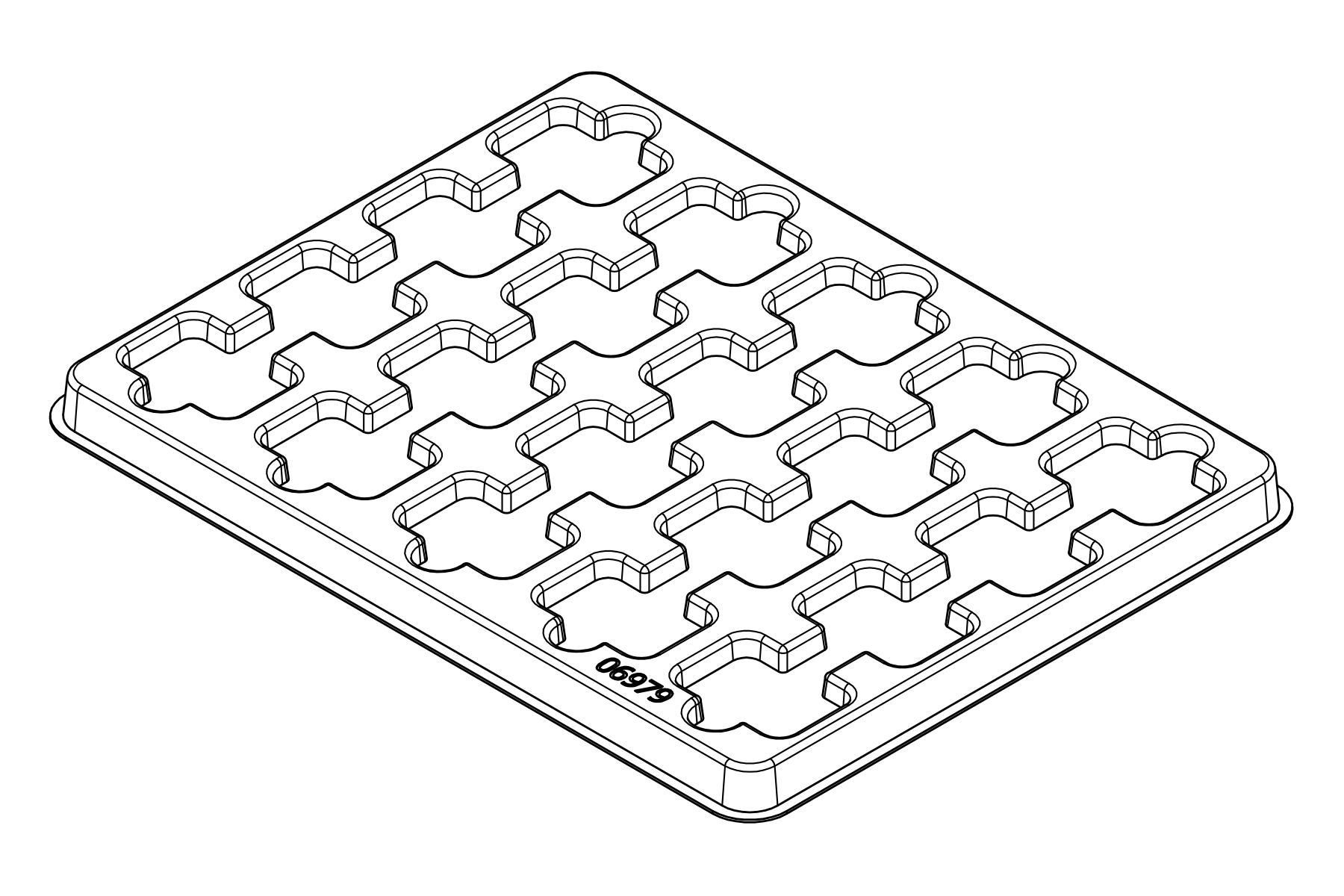 Isometric line view of the MC-77202 tray showing its 20 device positions and formed support and relief details.