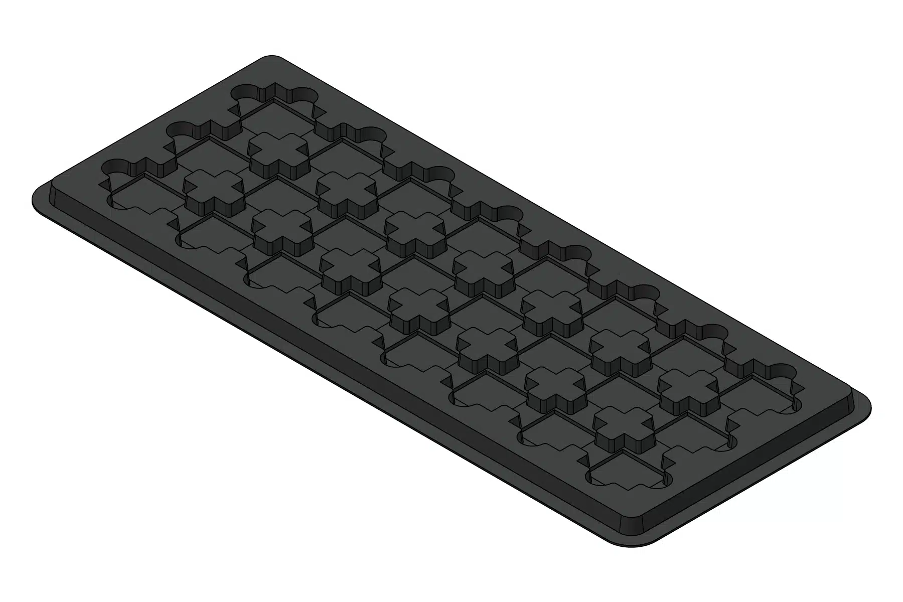 Black rendering of the MC-77210 thermoformed tray showing 24 formed device positions.