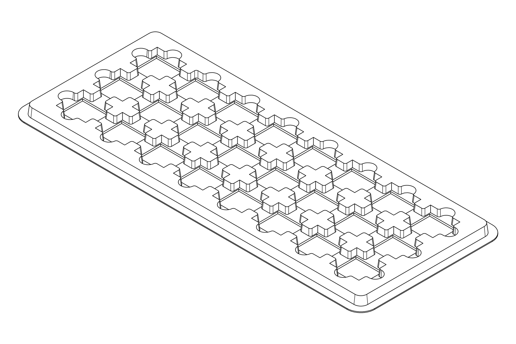 Isometric line view of the MC-77210 tray showing its 24 device positions and formed support and relief details.