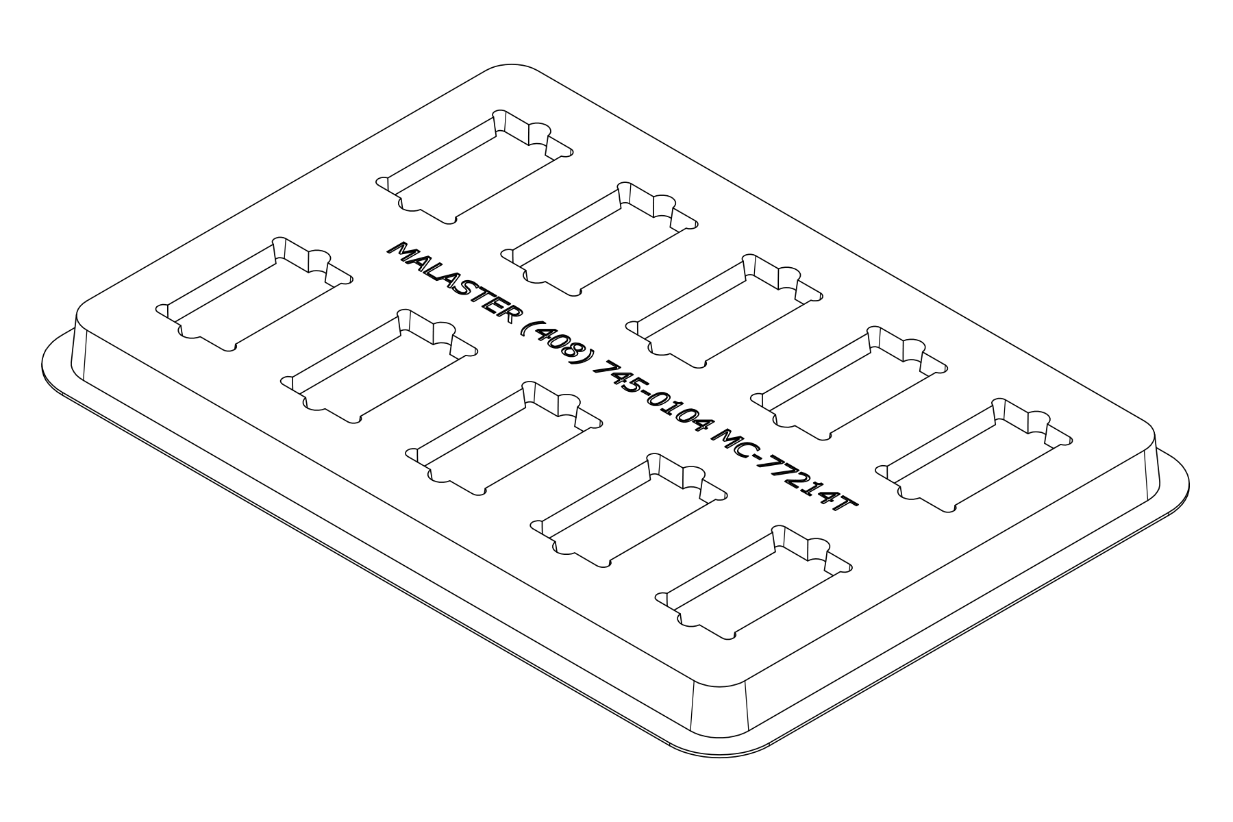 Isometric line view of the MC-77214 tray showing its 10 device positions and formed support and relief details.