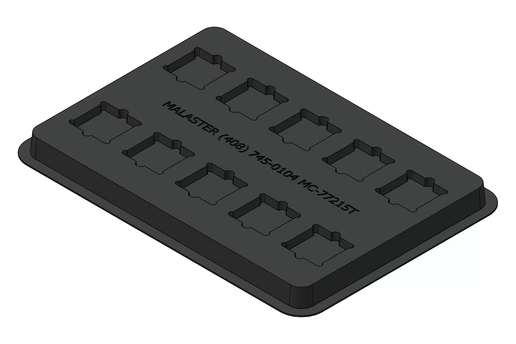 Black rendering of the MC-77215 thermoformed tray showing 10 formed device positions.