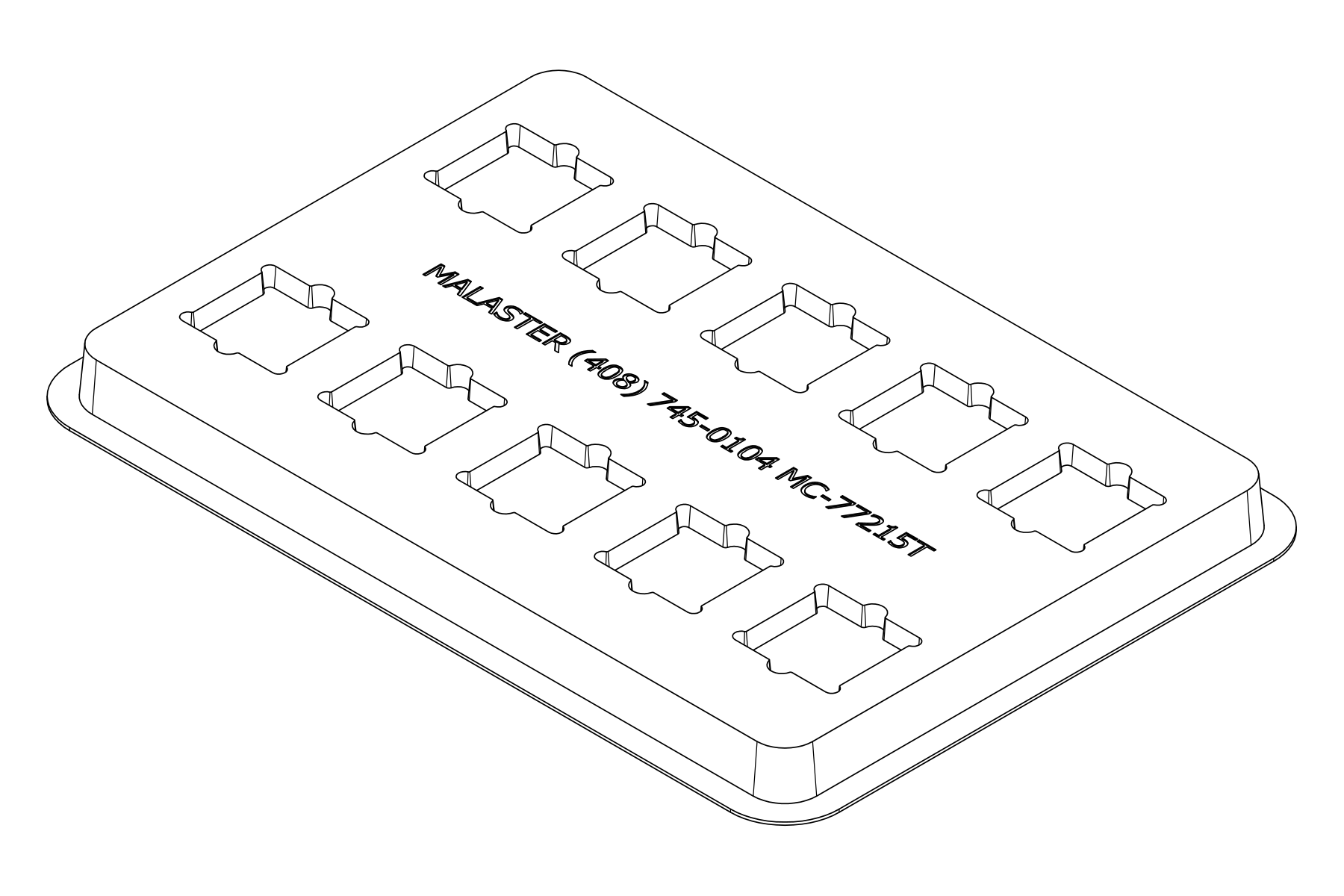 Isometric line view of the MC-77215 tray showing its 10 device positions and formed support and relief details.
