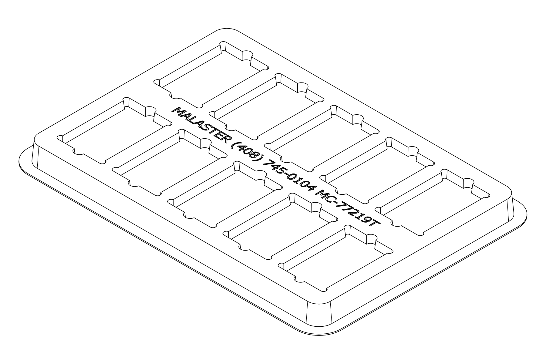 Isometric line view of the MC-77219 tray showing its 10 device positions and formed support and relief details.