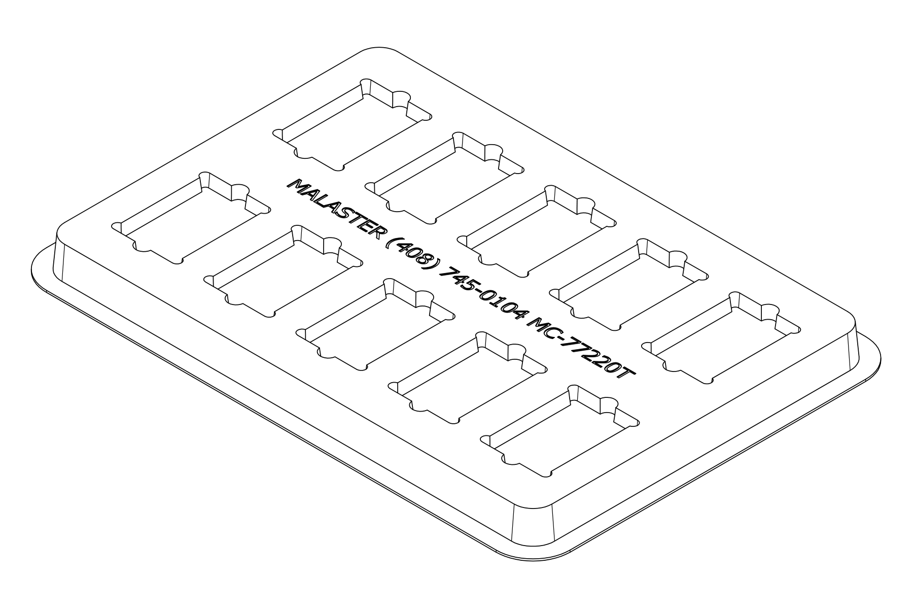 Isometric line view of the MC-77220 tray showing its 10 device positions and formed support and relief details.