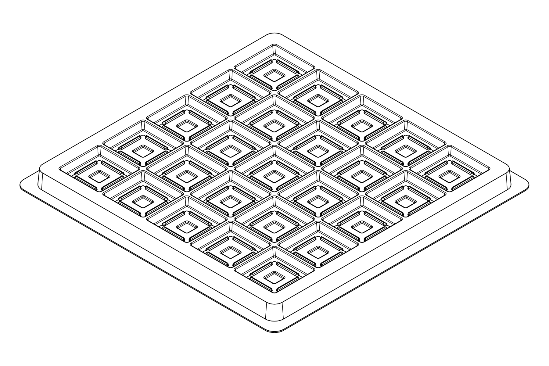 Isometric line view of the MC-77226 tray showing its 25 device positions and formed support and relief details.