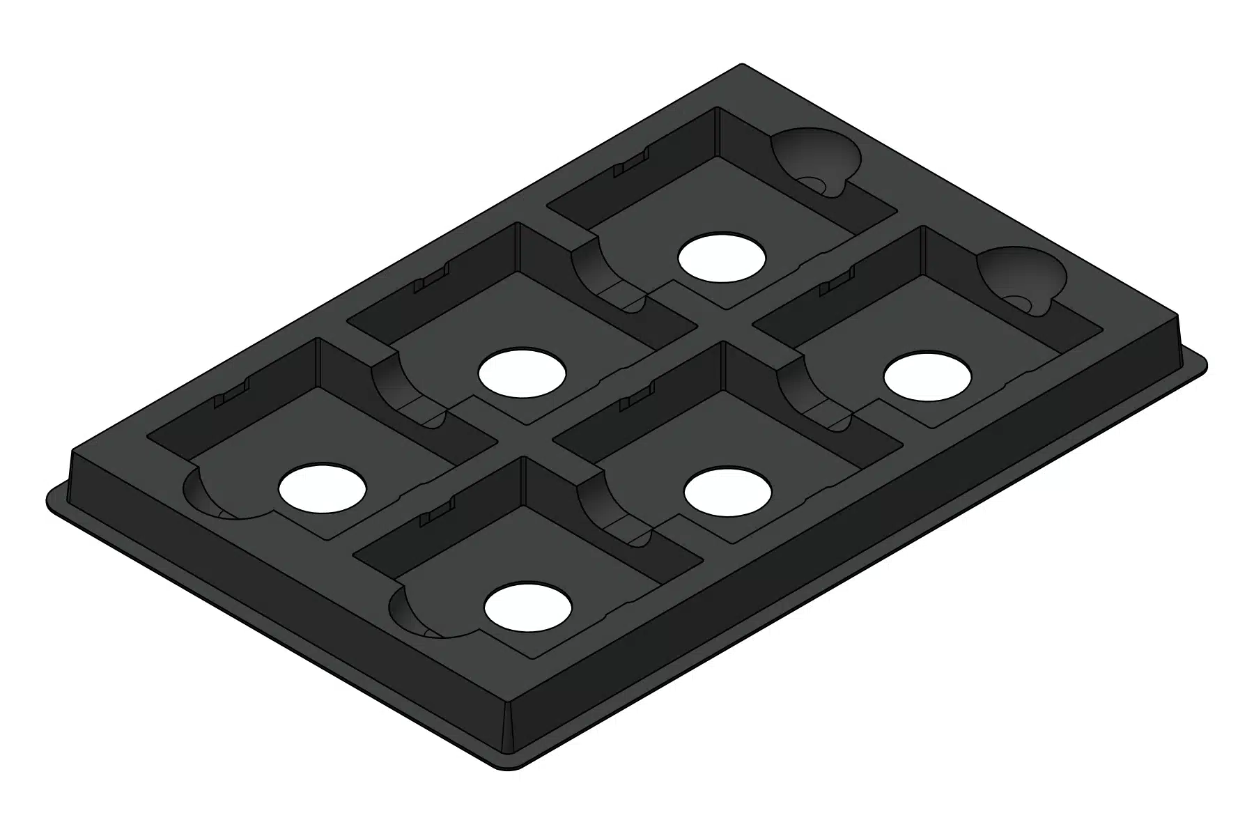 Black rendering of the six-cavity MC-77231 configuration with circular base openings and curved access relief.