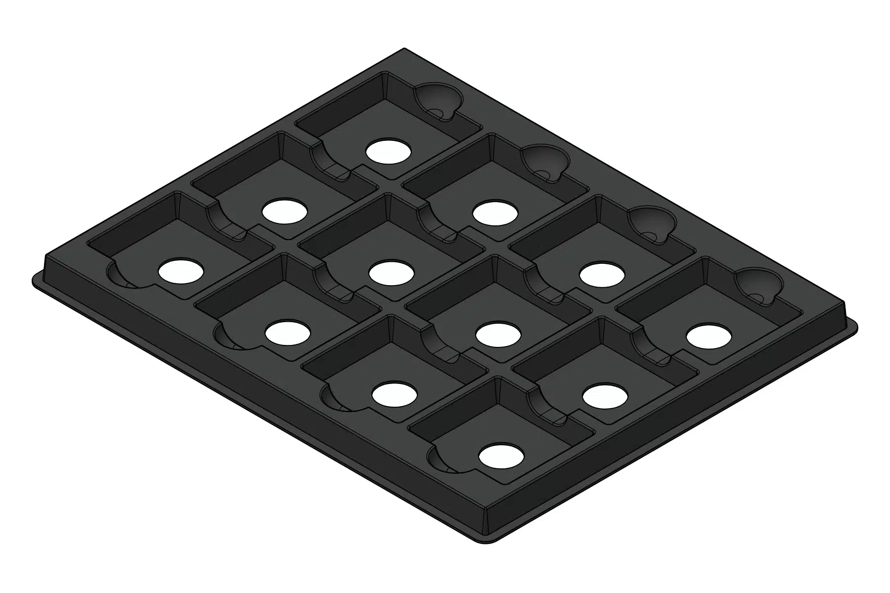 Black rendering of the MC-77231 thermoformed tray showing 12 formed device positions.