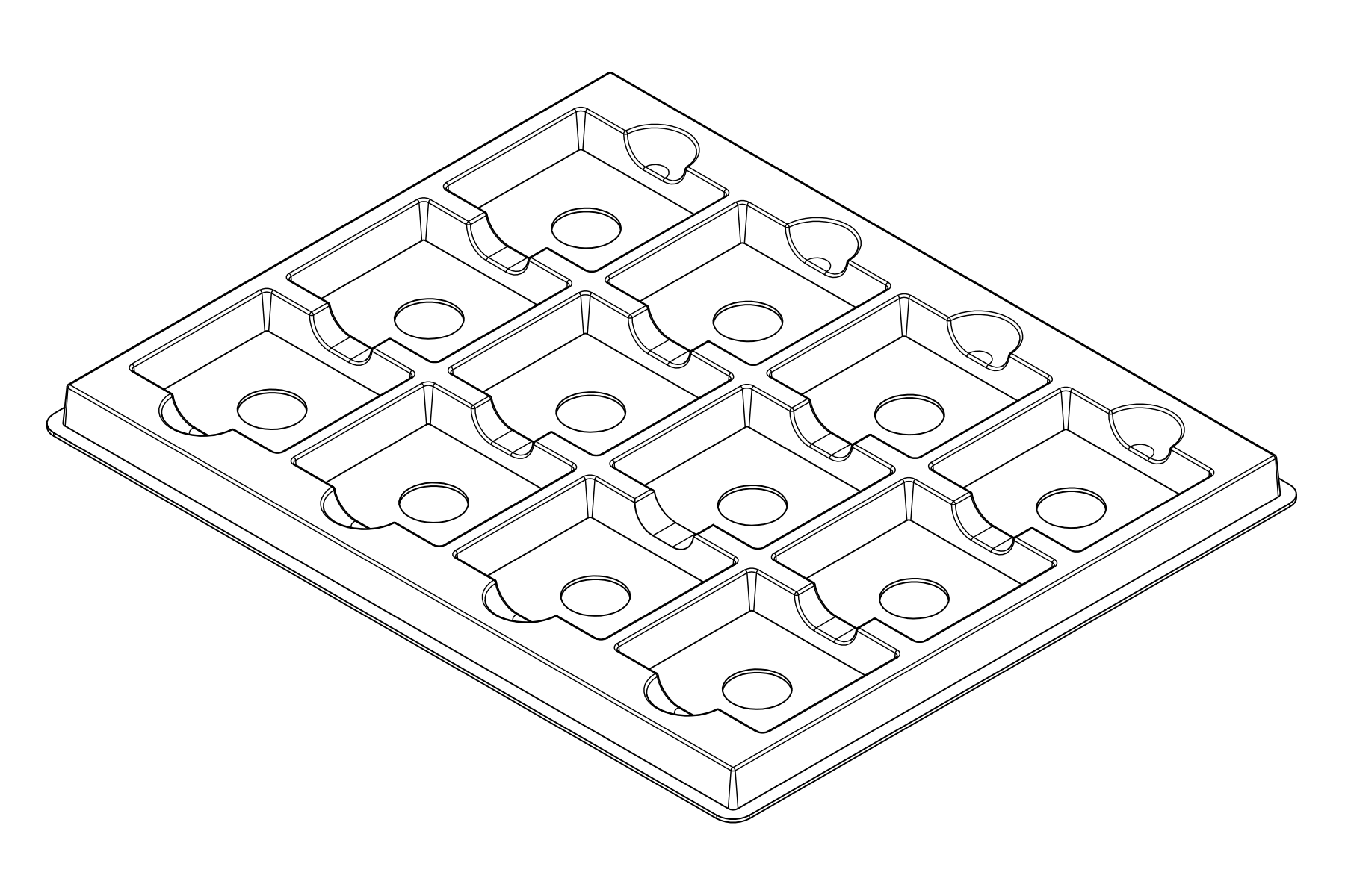 Isometric line view of the MC-77231 tray showing its 12 device positions and formed support and relief details.