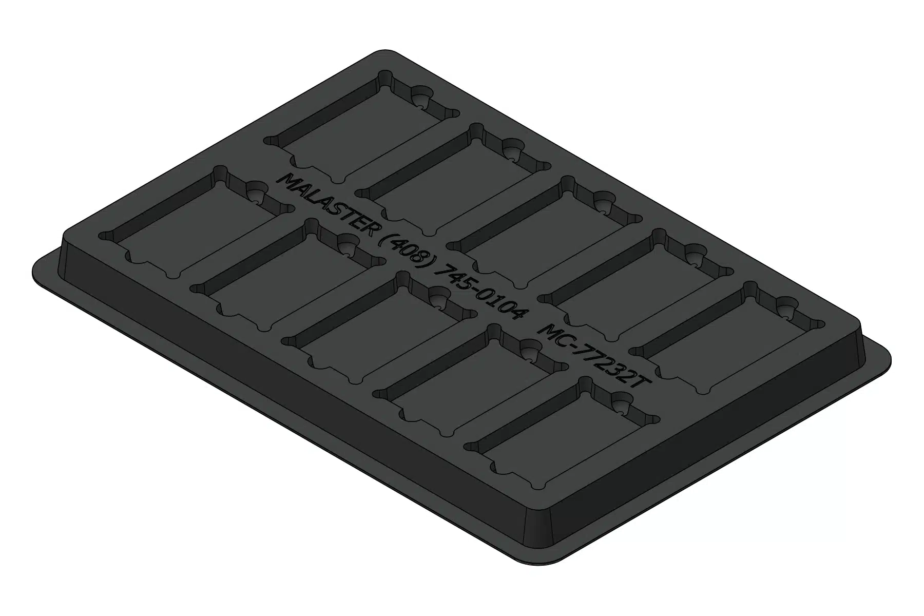 Black rendering of the MC-77232 thermoformed tray showing 10 formed device positions.