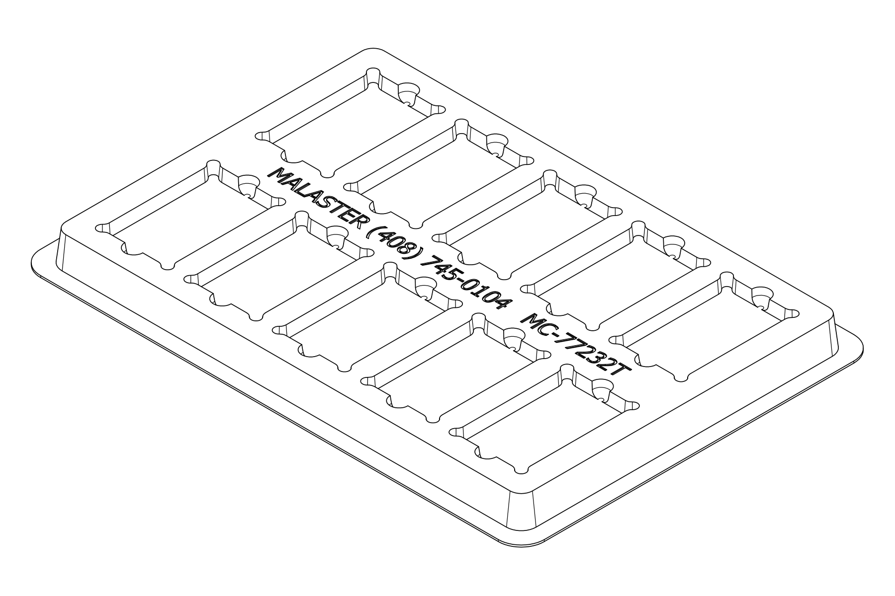 Isometric line view of the MC-77232 tray showing its 10 device positions and formed support and relief details.