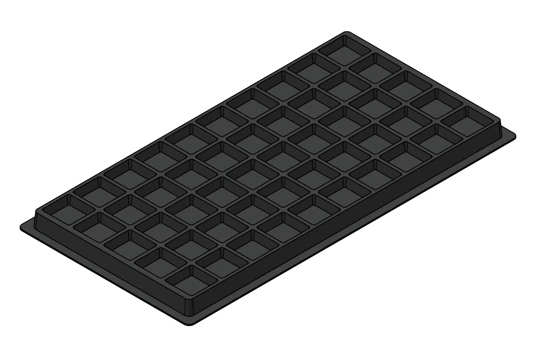 Black rendering of the MC-77233 thermoformed tray showing 50 formed device positions.