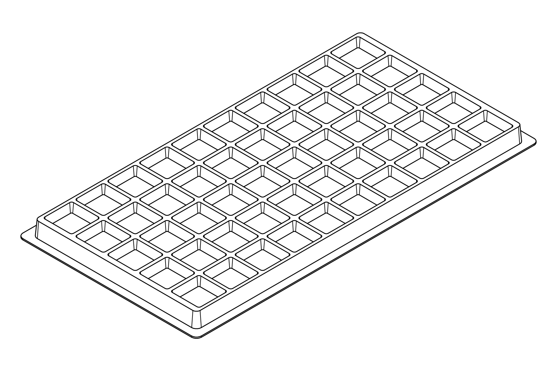 Isometric line view of the MC-77233 tray showing its 50 device positions and formed support and relief details.