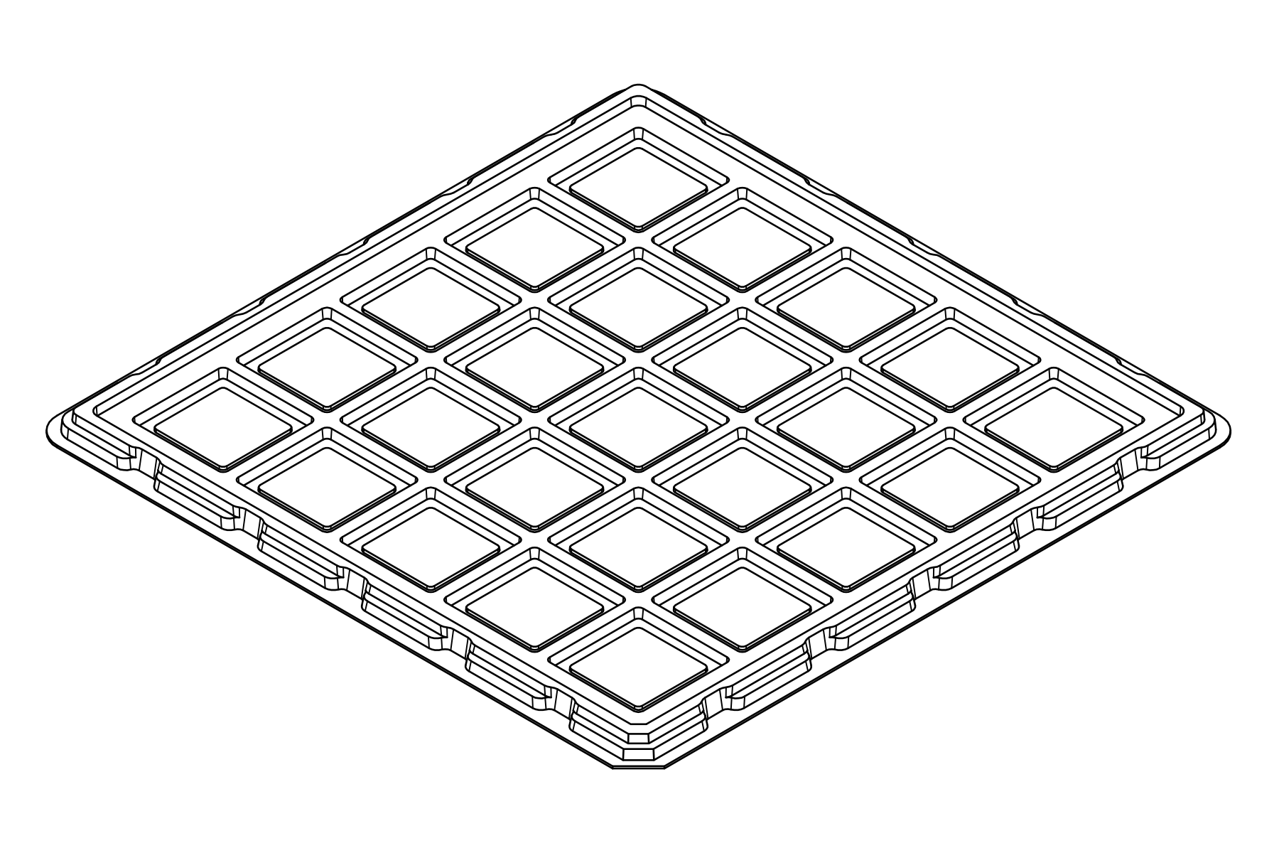 Isometric line view of the MC-77245 tray showing its 25 device positions and formed support and relief details.