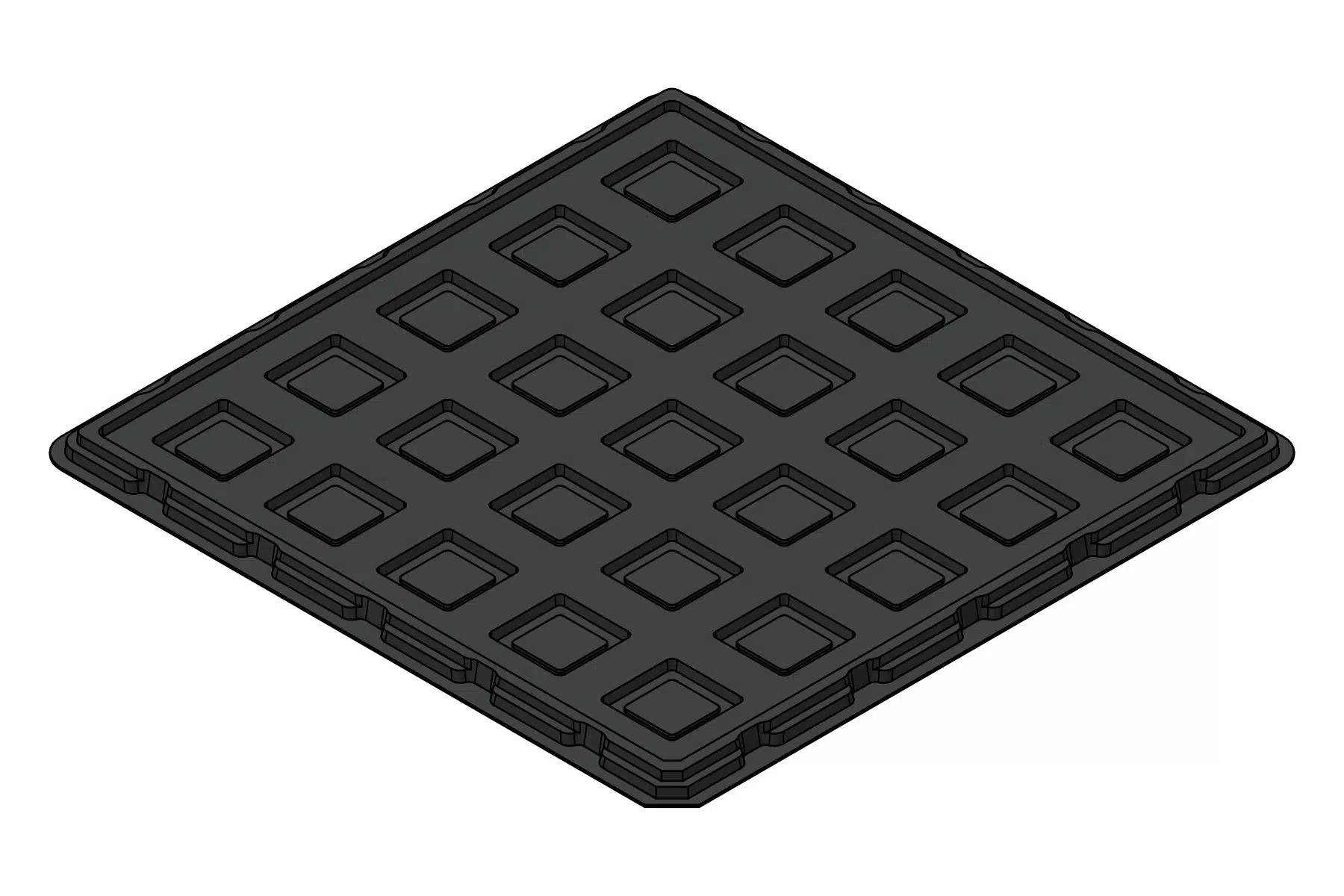 Black rendering of the MC-77246 thermoformed tray showing 25 formed device positions.