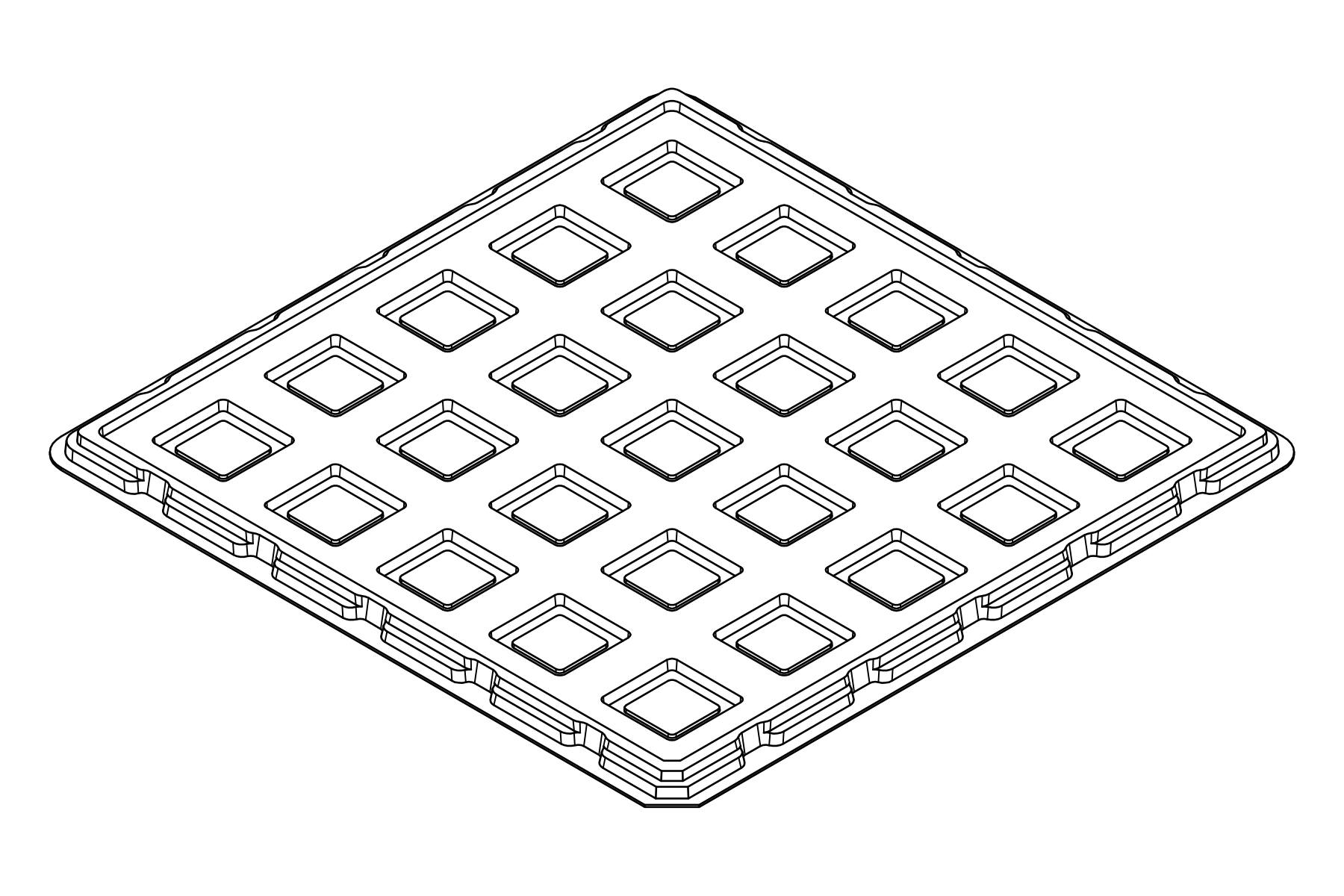 Isometric line view of the MC-77246 tray showing its 25 device positions and formed support and relief details.