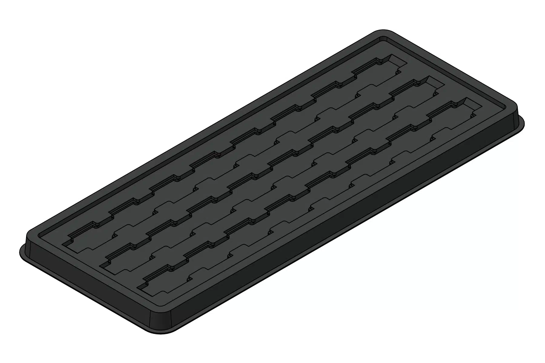Black rendering of the MC-77264 thermoformed tray showing 24 device positions along three channels.