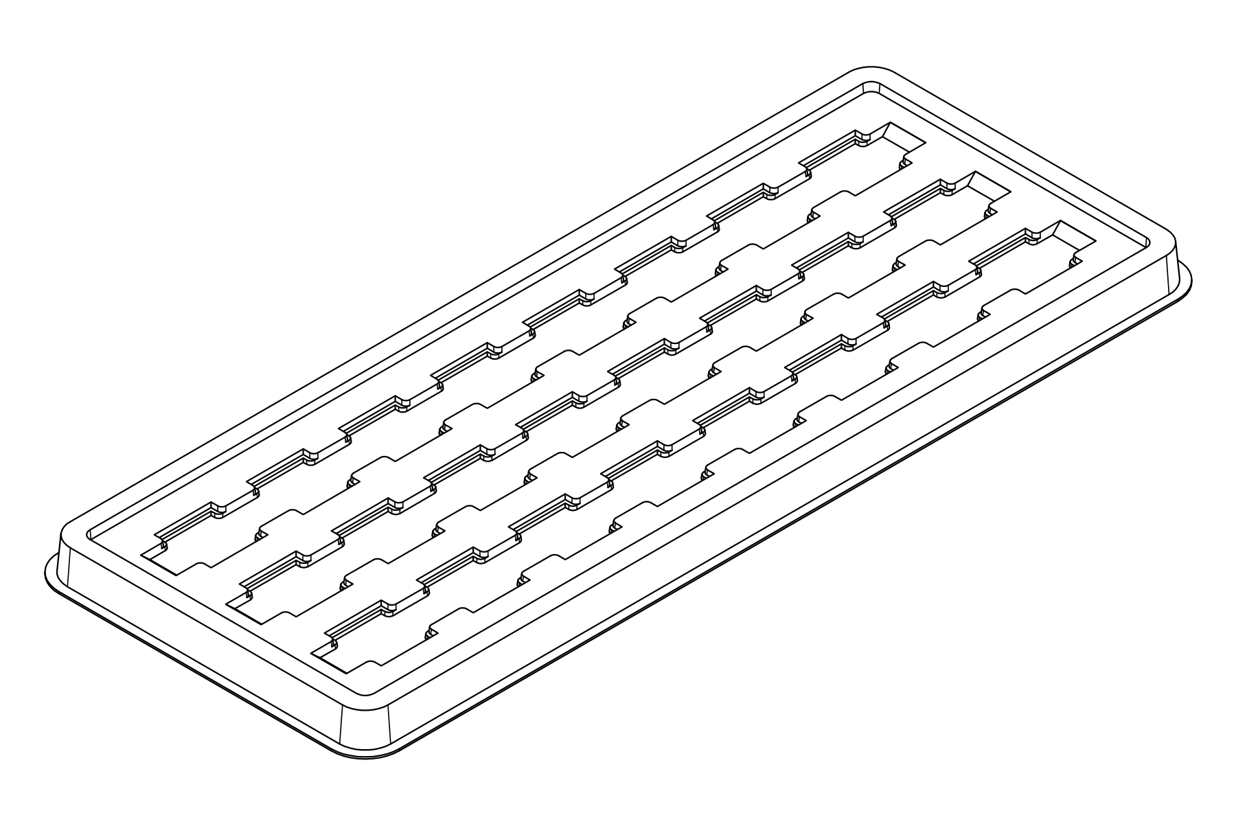 Isometric line view of the MC-77264 tray showing its 24 device positions and formed support and relief details.