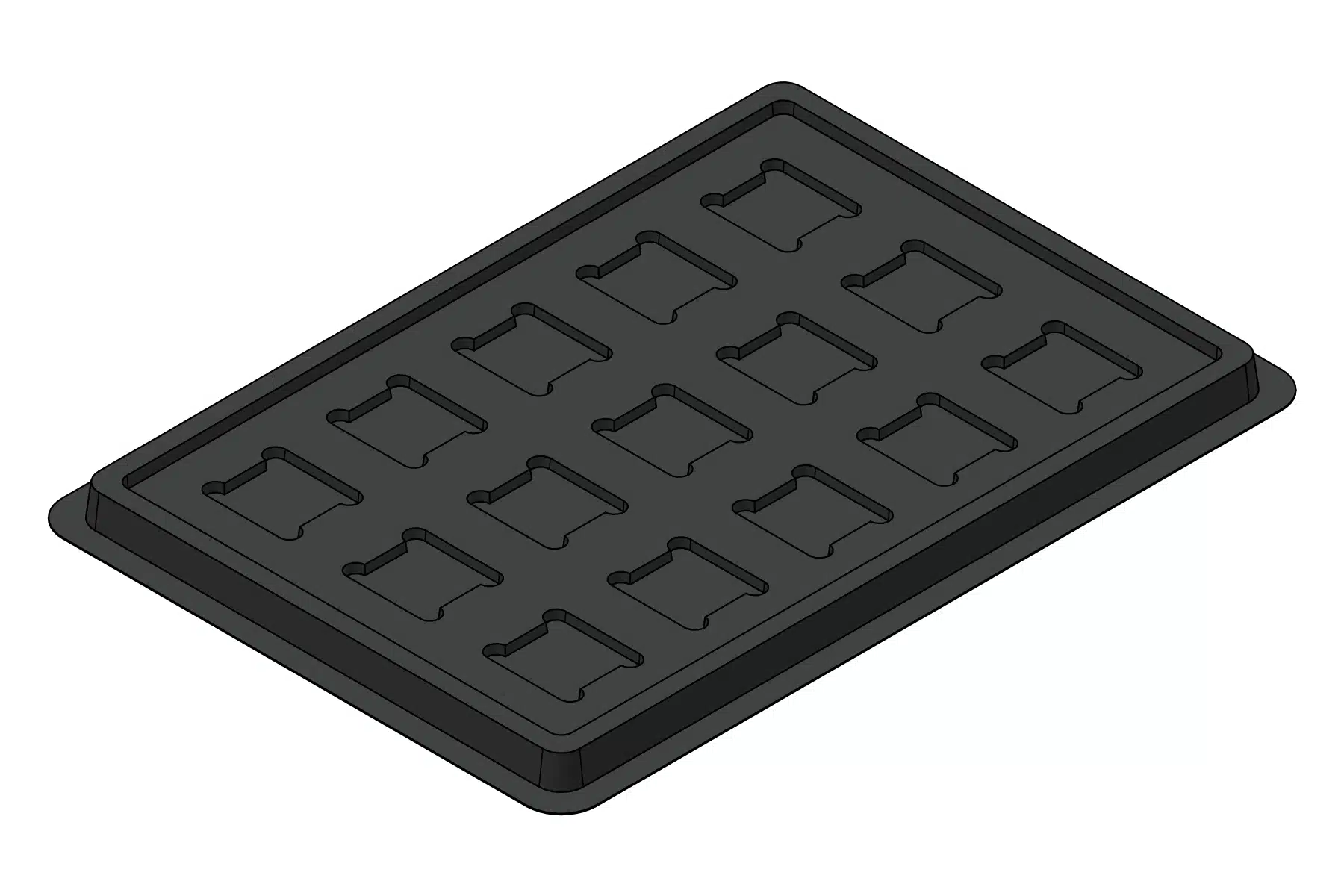Black rendering of the MC-77265 thermoformed tray showing 15 formed device positions.