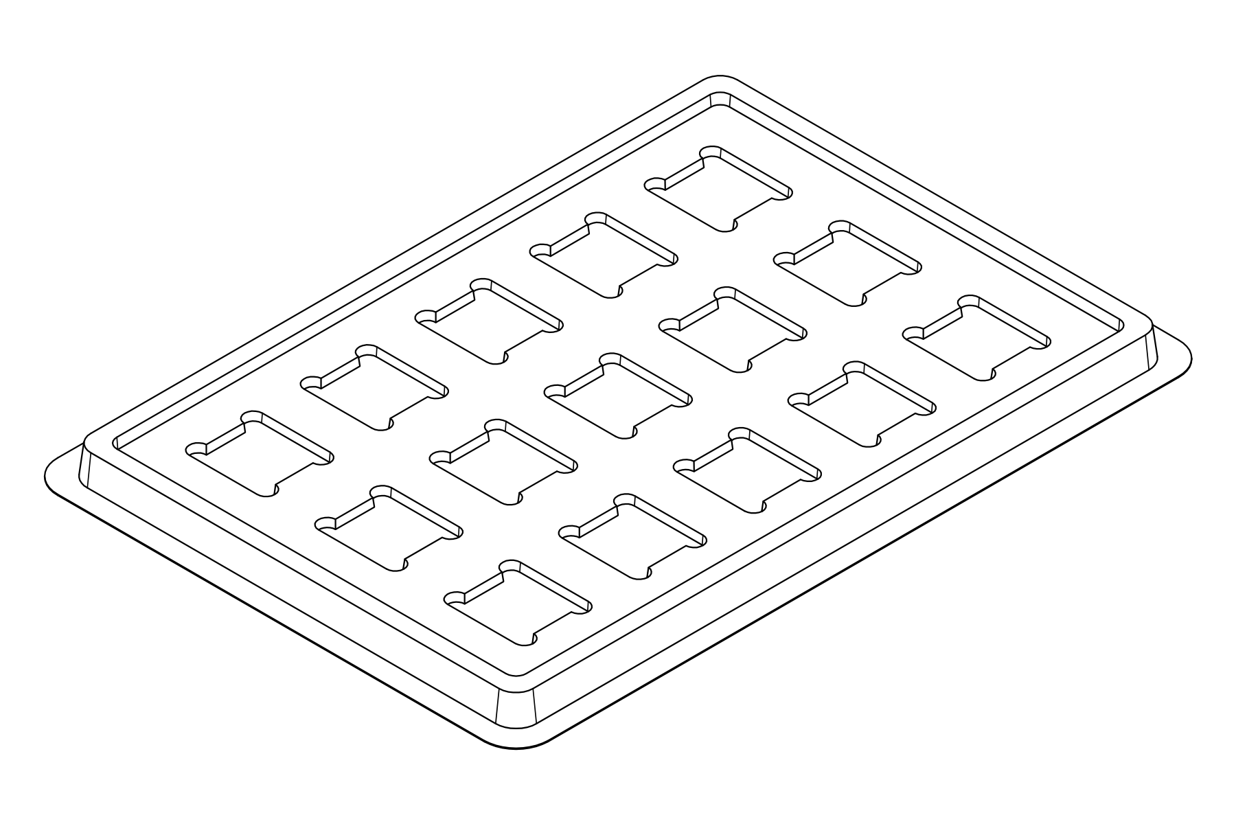 Isometric line view of the MC-77265 tray showing its 15 device positions and formed support and relief details.