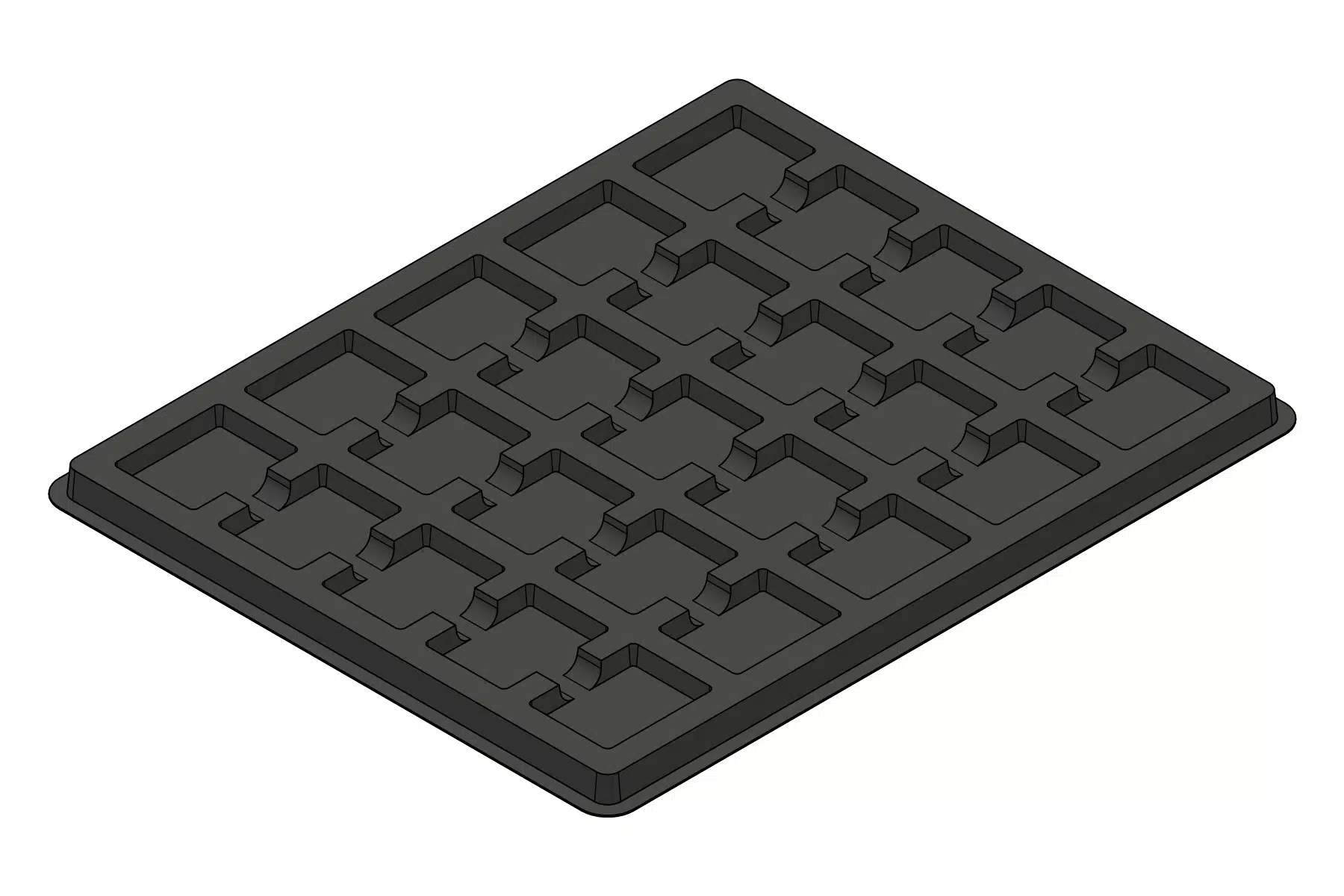 Black rendering of the MC-77270 thermoformed tray showing 25 formed device positions.